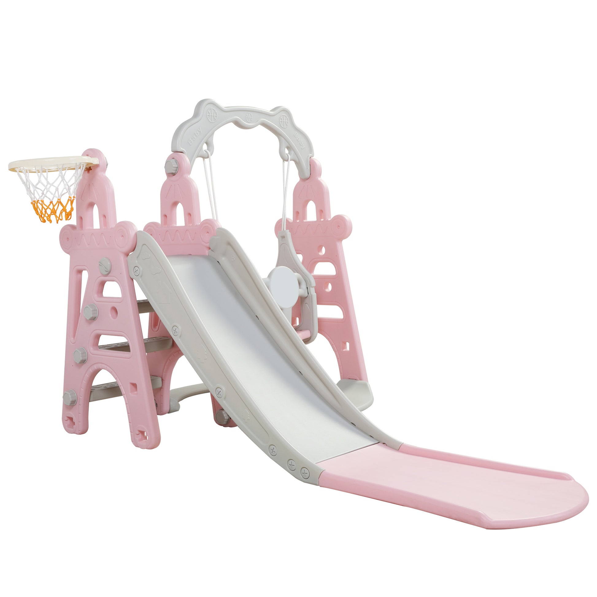 Kids Swing And Slide Set 3 In 1 Slide With Basketball Hoop For Indoor And Outdoor Activity Center, Pink Gray Pink Grey Hdpe