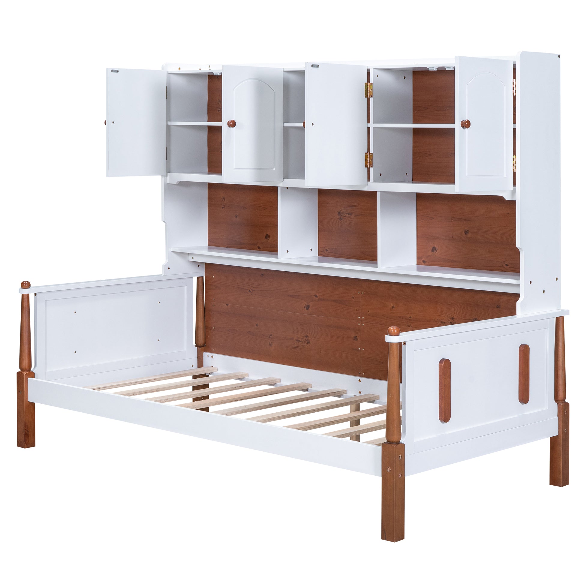 Twin Size Platform Bed With Multiple Storage, White Walnut Box Spring Not Required Twin White Walnut Wood Bedroom Solid Wood Mdf