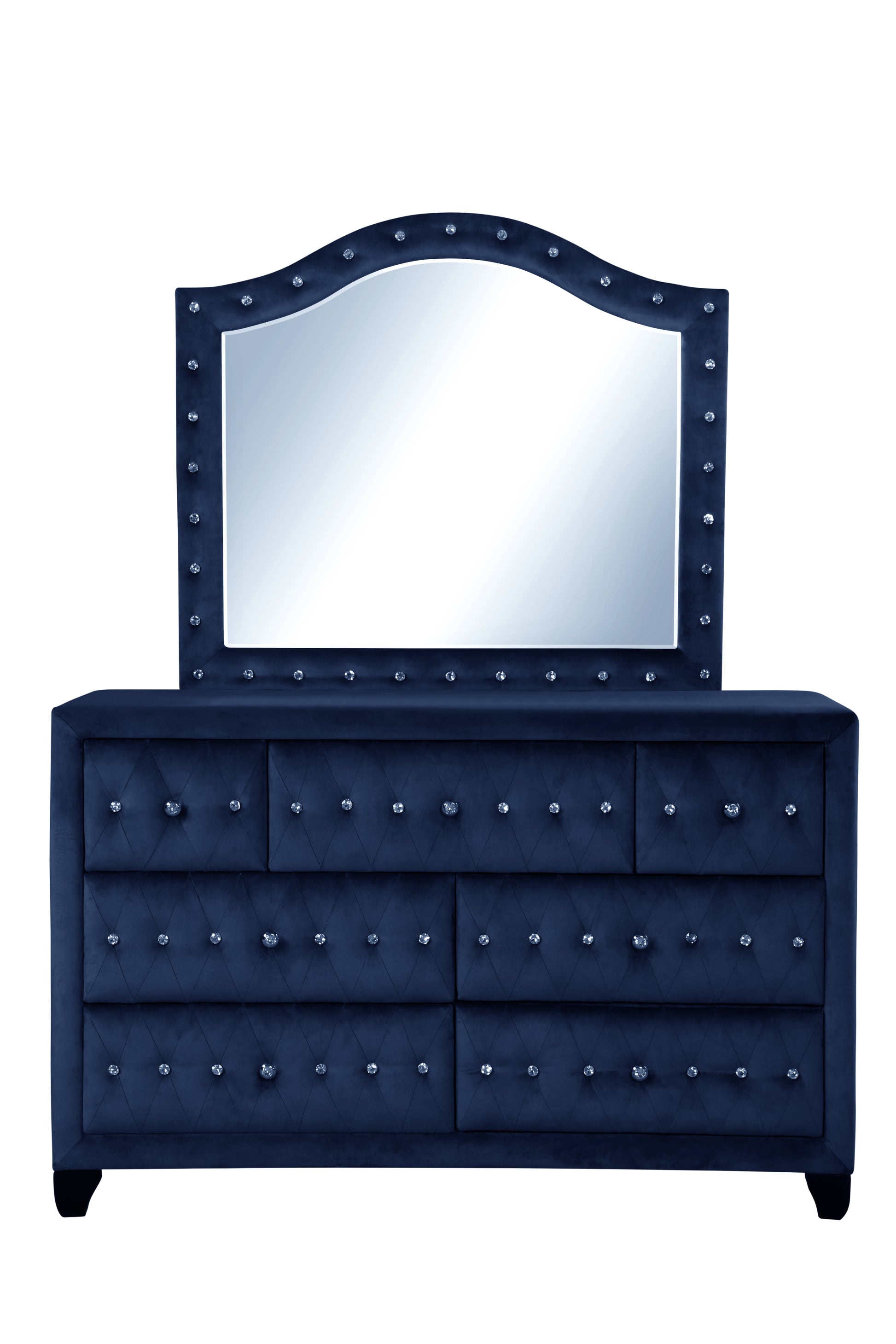 Monica Luxurious Four Poster Full 5 Pc Bed Made With Wood In Navy Box Spring Not Required Full Navy Wood 5 Piece Set Bedroom Bed Included,Chest Included,Dresser Included,Mirror Included,Nightstand Included Modern Upholstered Velvet Tufted Wood