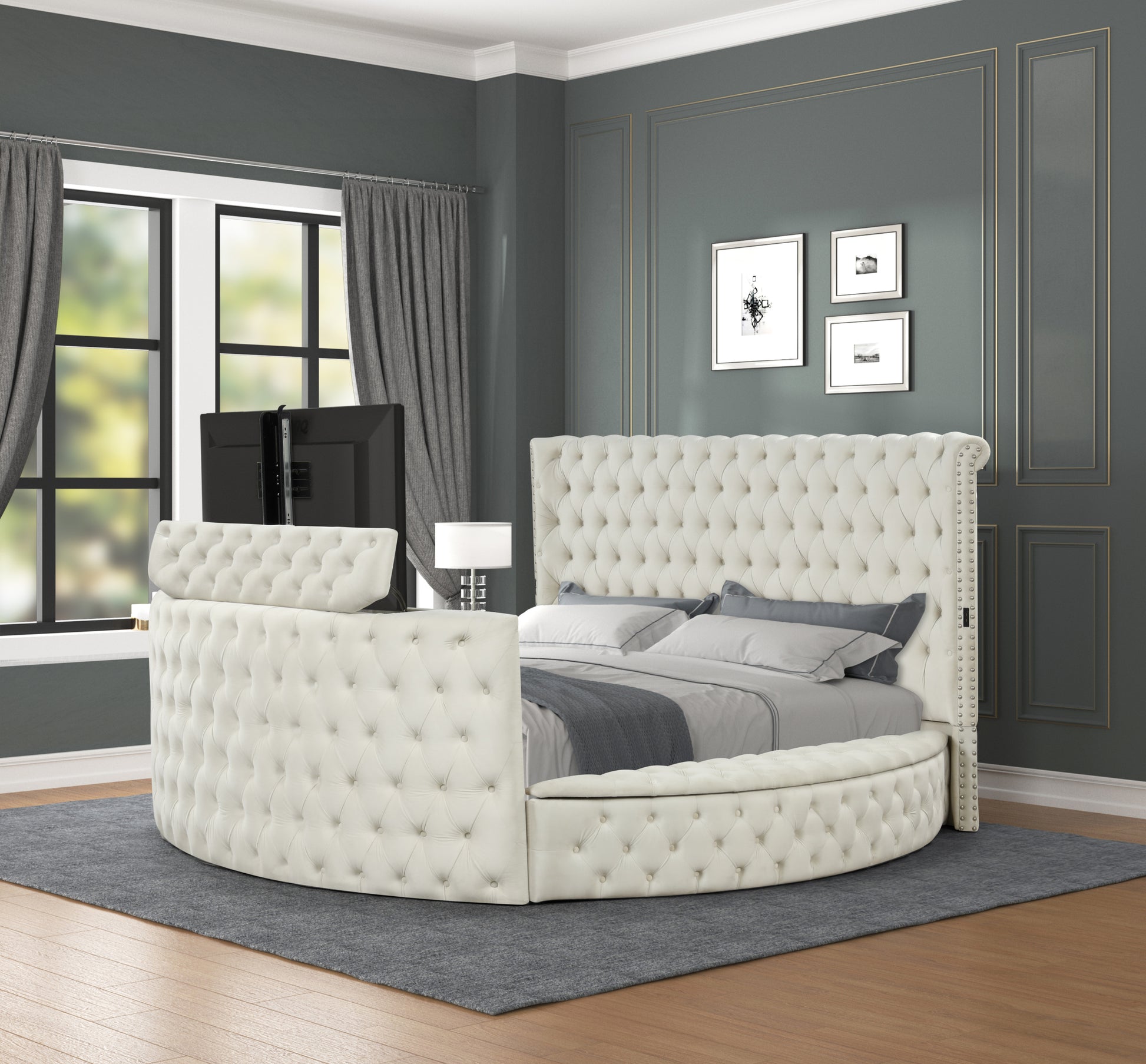 Maya Modern Style Crystal Tufted King Bed Made With Wood In Cream Box Spring Not Required King Cream Wood Bedroom Contemporary,Modern Slat Beds Upholstered Velvet Wood