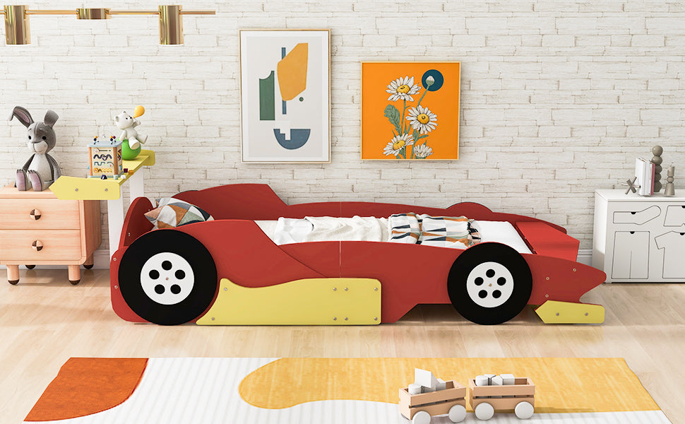 Twin Size Race Car Shaped Platform Bed With Wheels,Red Red Plywood