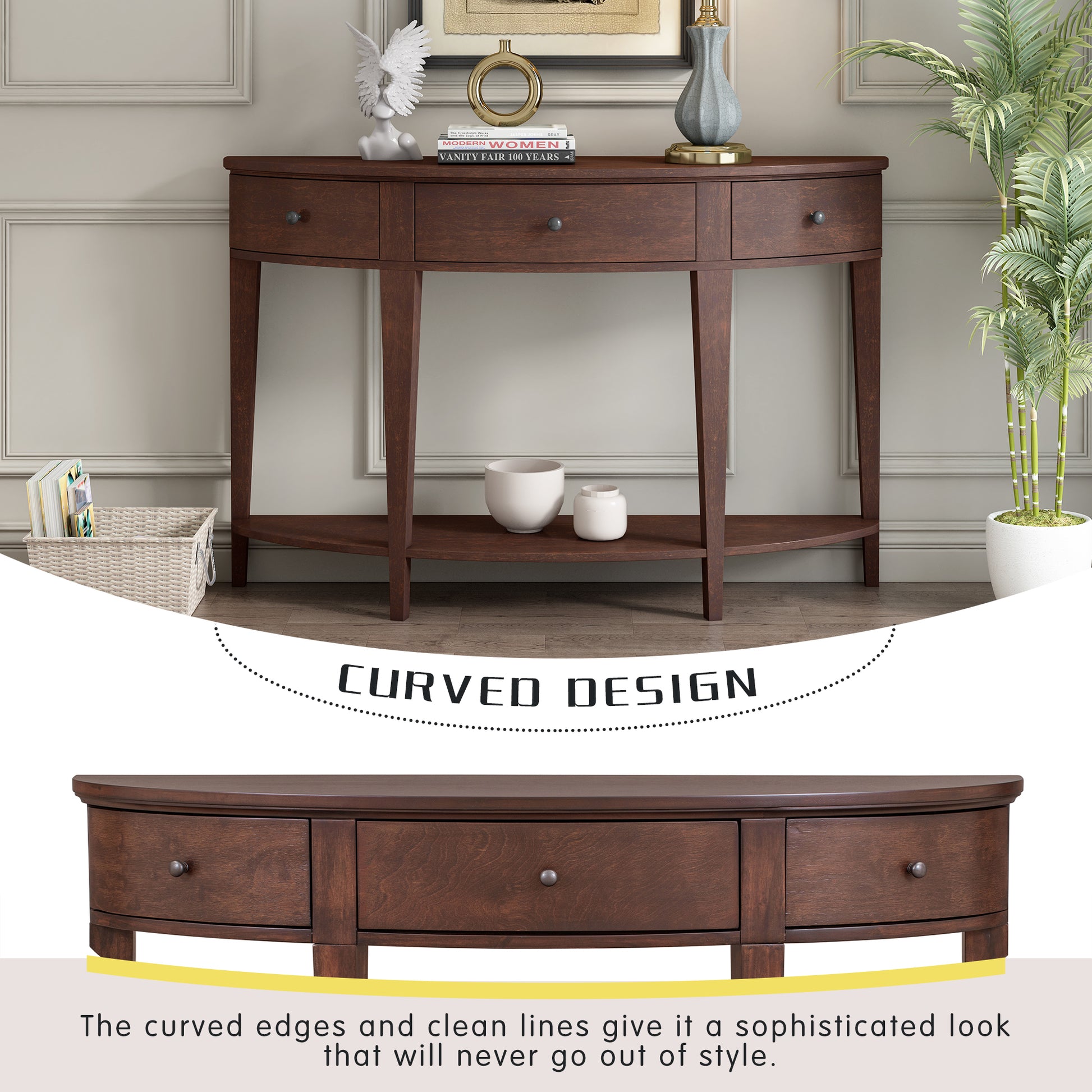 Modern Curved Console Table Sofa Table With 3 Drawers And 1 Shelf For Hallway, Entryway, Living Room Espresso Solid Wood Mdf