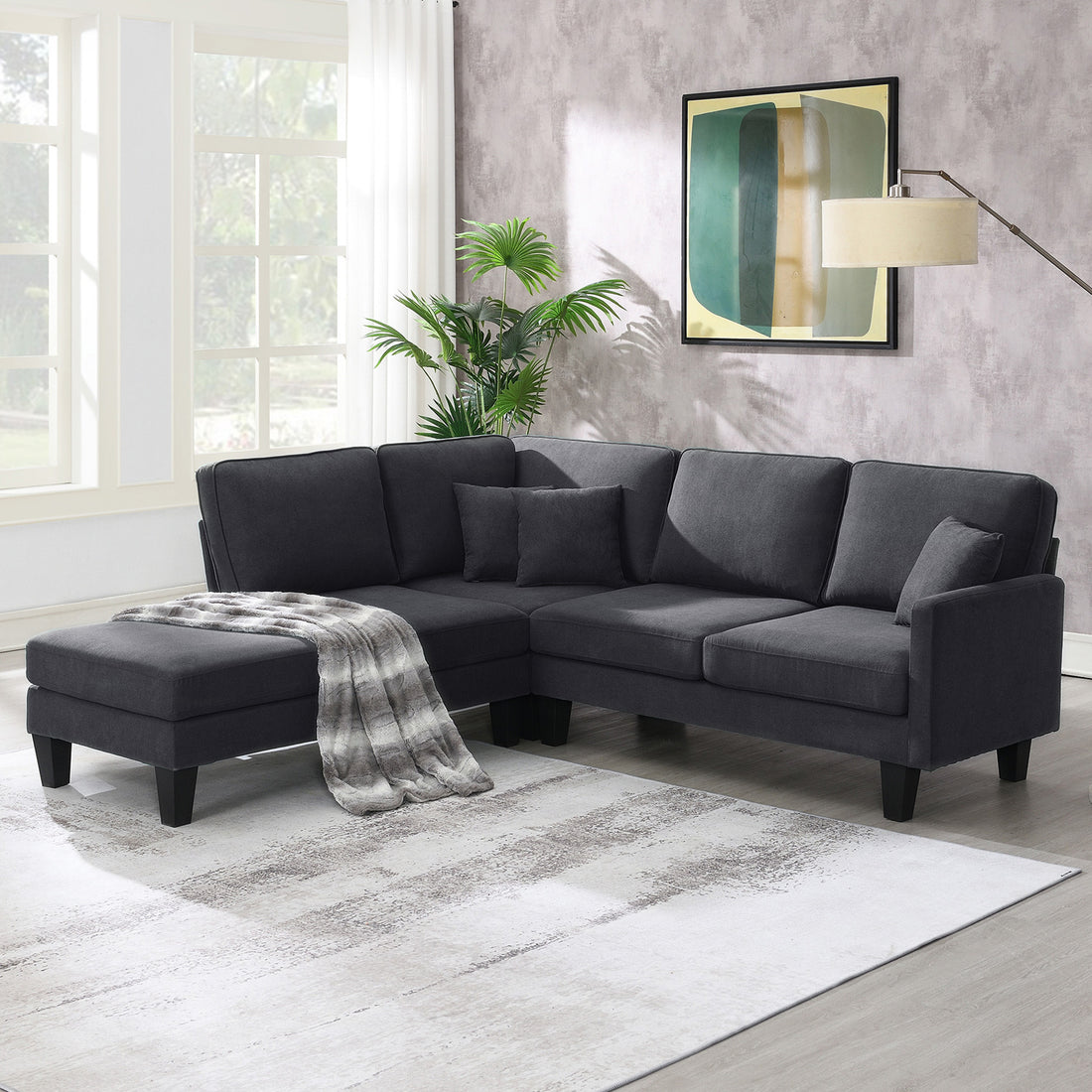 90*88" Terrycloth Modern Sectional Sofa,5 Seat Practical Couch Set With Chaise Lounge,L Shape Minimalist Indoor Furniture With 3 Pillows For Living Room,Apartment,Office, 3 Colors Grey Fabric