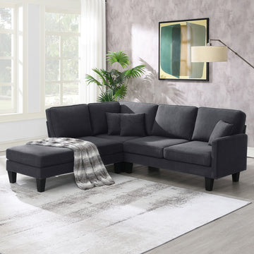 90*88" Terrycloth Modern Sectional Sofa,5 Seat Practical Couch Set With Chaise Lounge,L Shape Minimalist Indoor Furniture With 3 Pillows For Living Room,Apartment,Office, 3 Colors Grey Fabric