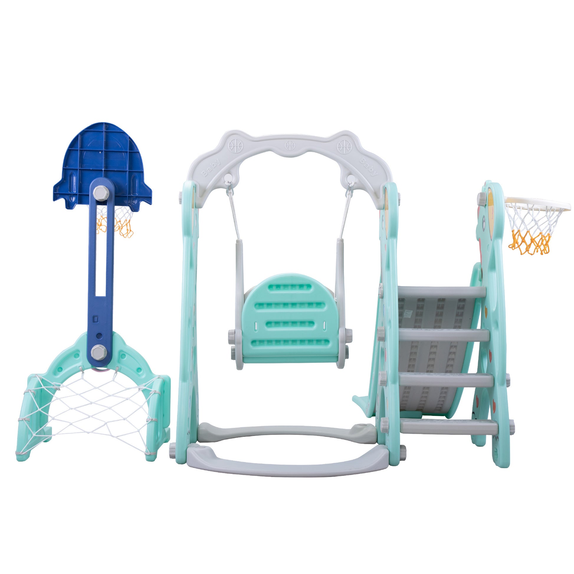 5 In 1 Slide And Swing Playing Set, Toddler Extra Long Slide With 2 Basketball Hoops, Football, Ringtoss, Indoor Outdoor Gray Hdpe