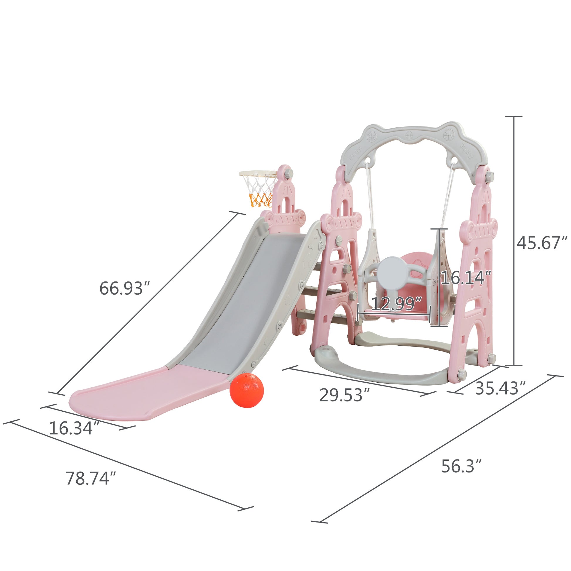 Kids Swing And Slide Set 3 In 1 Slide With Basketball Hoop For Indoor And Outdoor Activity Center, Pink Gray Pink Grey Hdpe