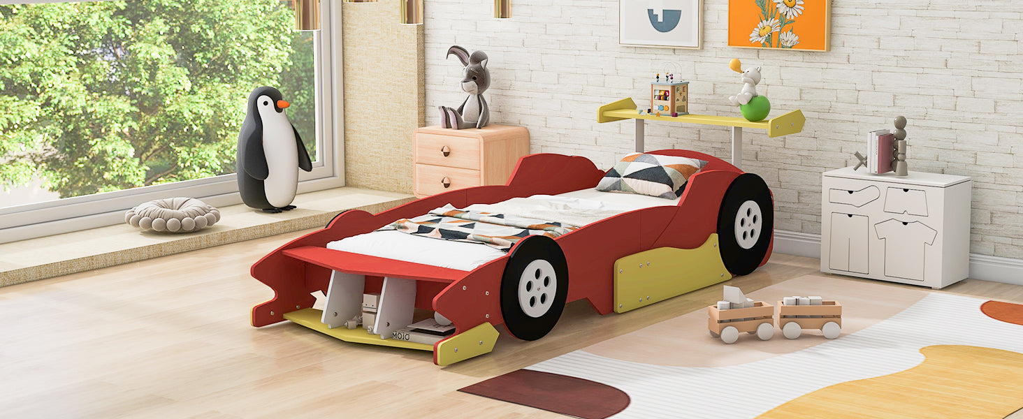 Twin Size Race Car Shaped Platform Bed With Wheels,Red Red Plywood