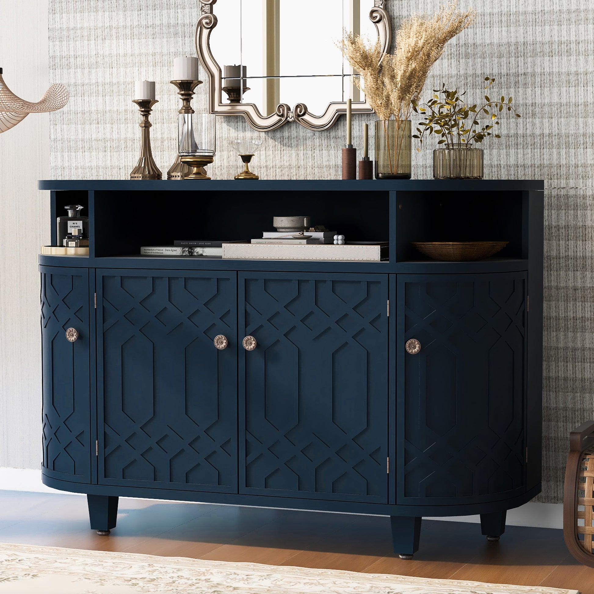 Curved Design Storage Cabinet Made Of Fraxinus Mandschuric Solid Wood Veneer, Featuring Four Doors And Adjustable Shelves, Suitable For Corridors, Entrances And Study. 3 4 Shelves Navy Blue Mdf