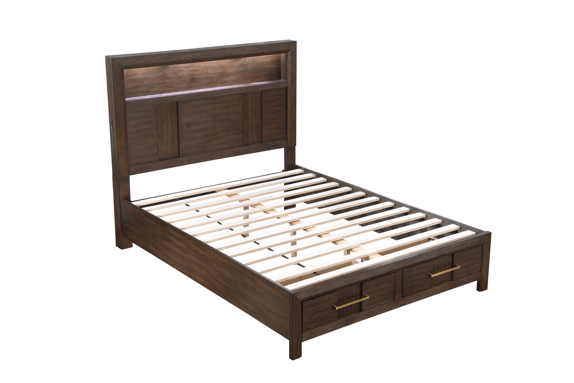 Kenzo Modern Style King 4Pc Storage Bedroom Set Made With Wood, Led Headboard, Bluetooth Speakers & Usb Ports Walnut Box Spring Not Required King Walnut Wood 4 Piece Set Bedroom Bed Included,Dresser Included,Mirror Included,Nightstand Included