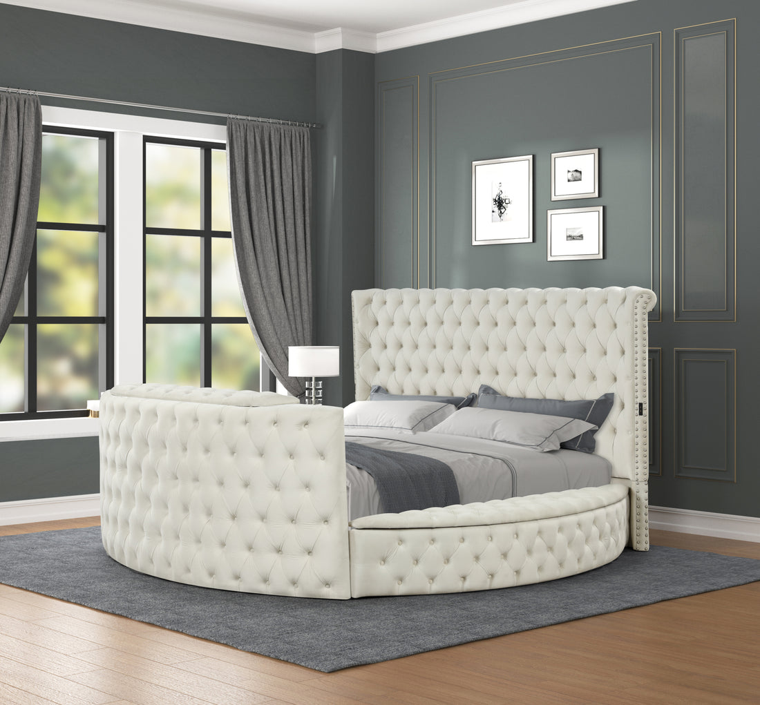 Maya Modern Style Crystal Tufted King Bed Made With Wood In Cream Box Spring Not Required King Cream Wood Bedroom Contemporary,Modern Slat Beds Upholstered Velvet Wood