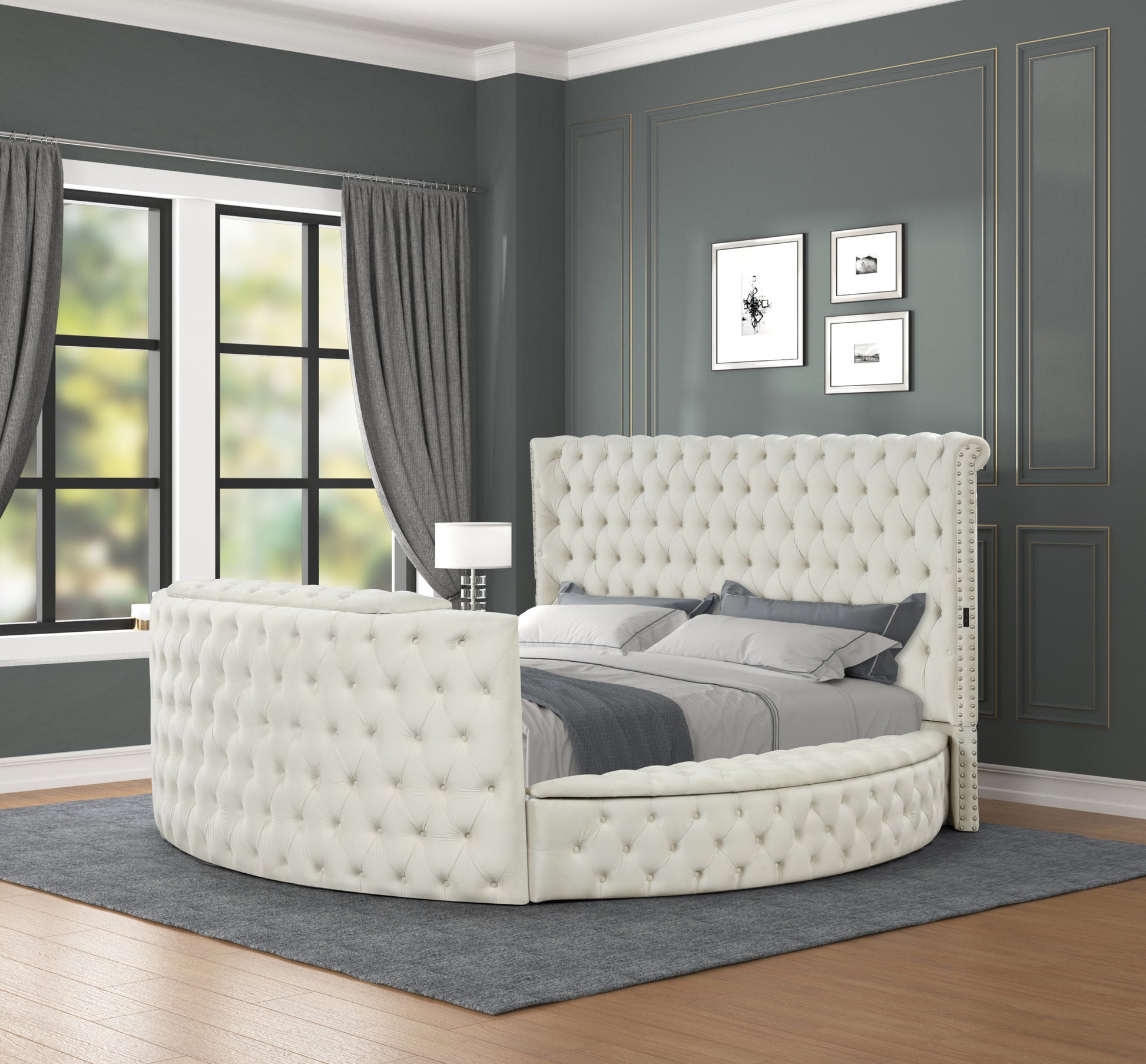 Maya Modern Style Crystal Tufted King Bed Made With Wood In Cream Box Spring Not Required King Cream Wood Bedroom Contemporary,Modern Slat Beds Upholstered Velvet Wood
