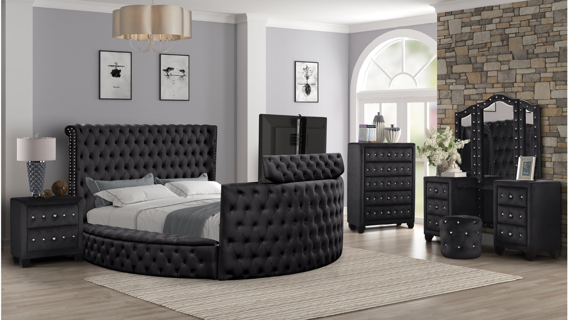 Maya Crystal Tufted Queen 5 Pc Vanity Bedroom Set Made With Wood In Black Box Spring Not Required Queen Black Wood 5 Piece Set Bedroom Modern Upholstered Velvet Tufted Wood