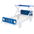 Wood Twin Size Car Bed With Ceiling Cloth, Headboard And Footboard, White Blue Box Spring Not Required Twin White Blue Bedroom Bed Frame Solid Wood Mdf