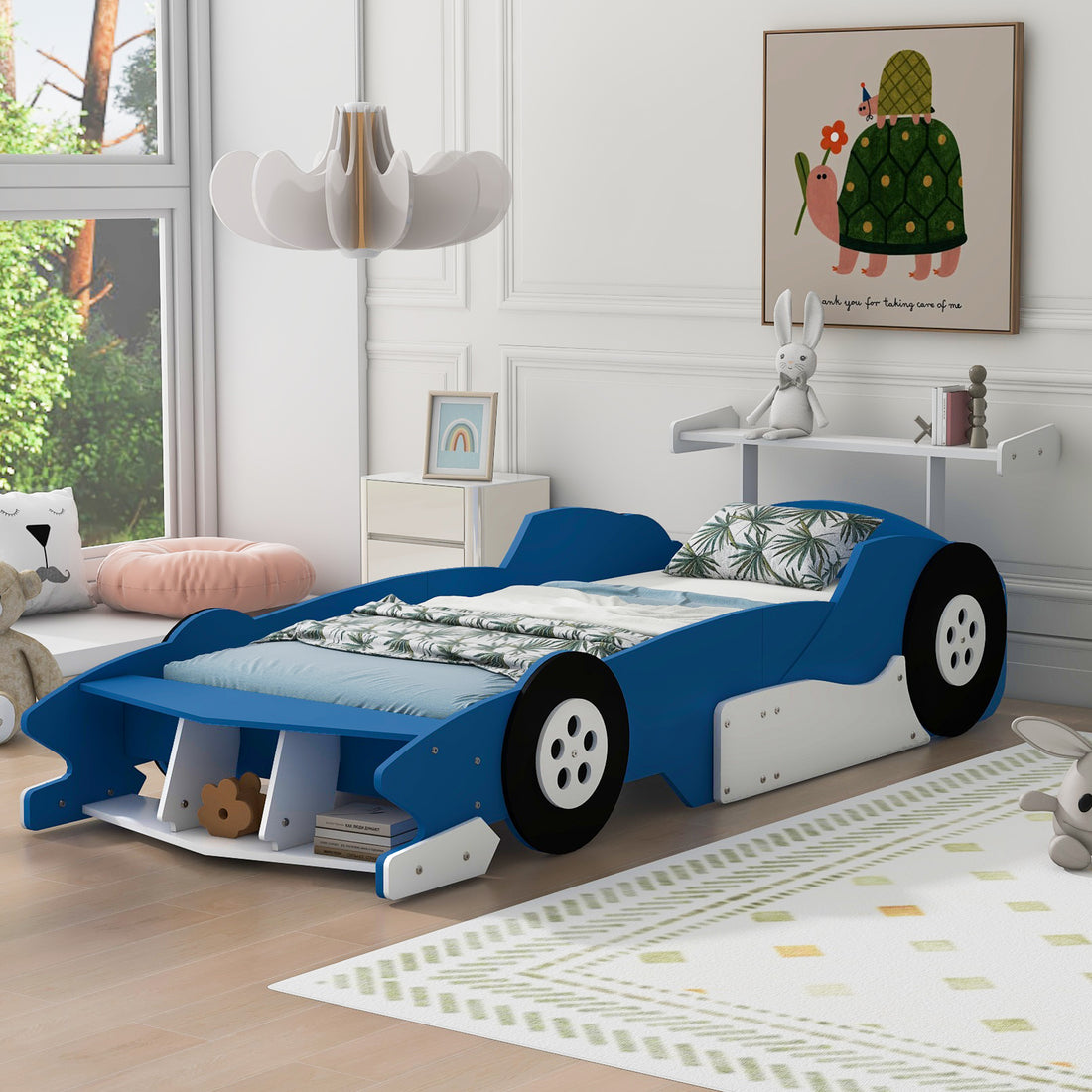 Twin Size Race Car Shaped Platform Bed With Wheels,Blue Blue Plywood