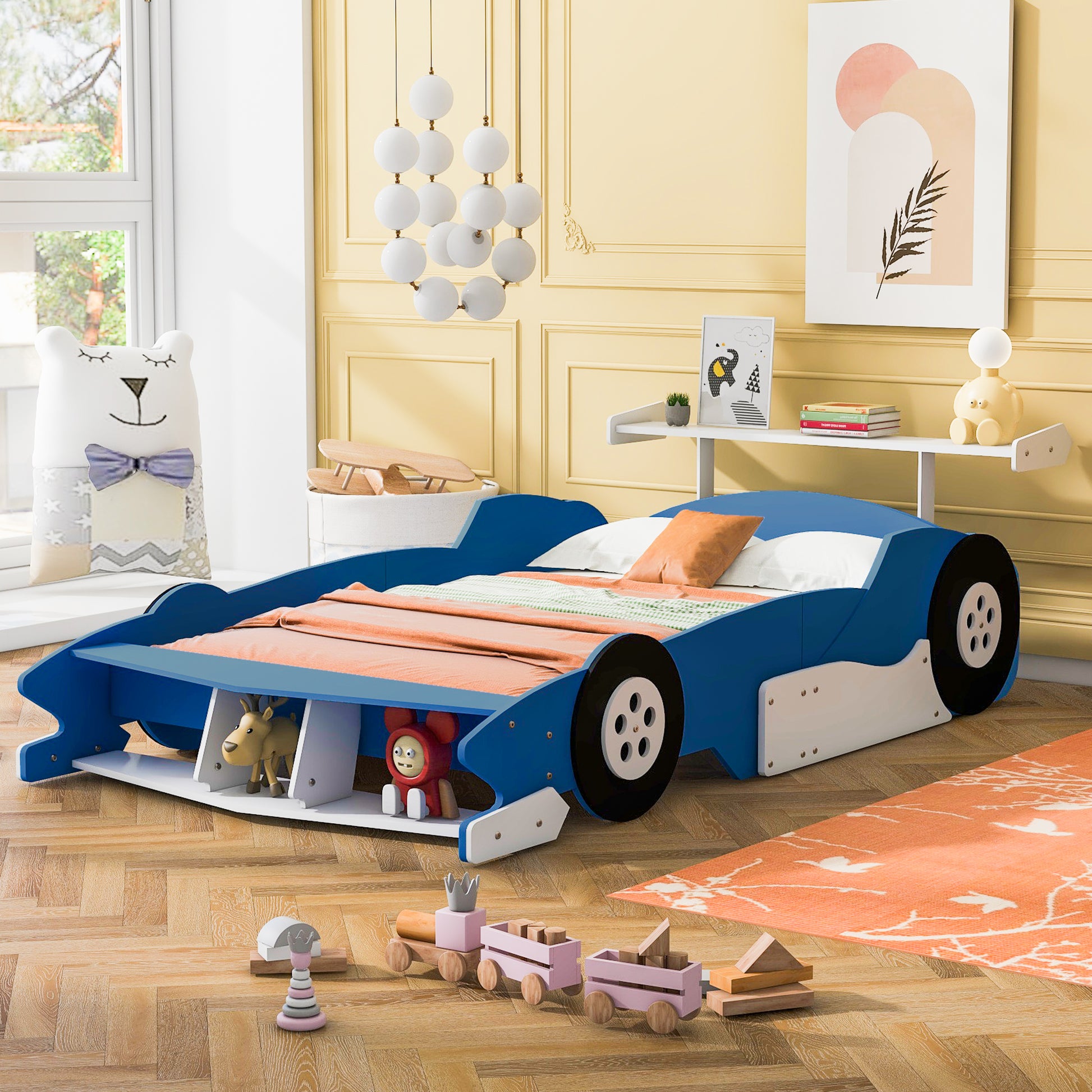 Full Size Race Car Shaped Platform Bed With Wheels,Blue Blue Plywood