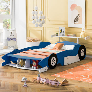 Full Size Race Car Shaped Platform Bed With Wheels,Blue Blue Plywood