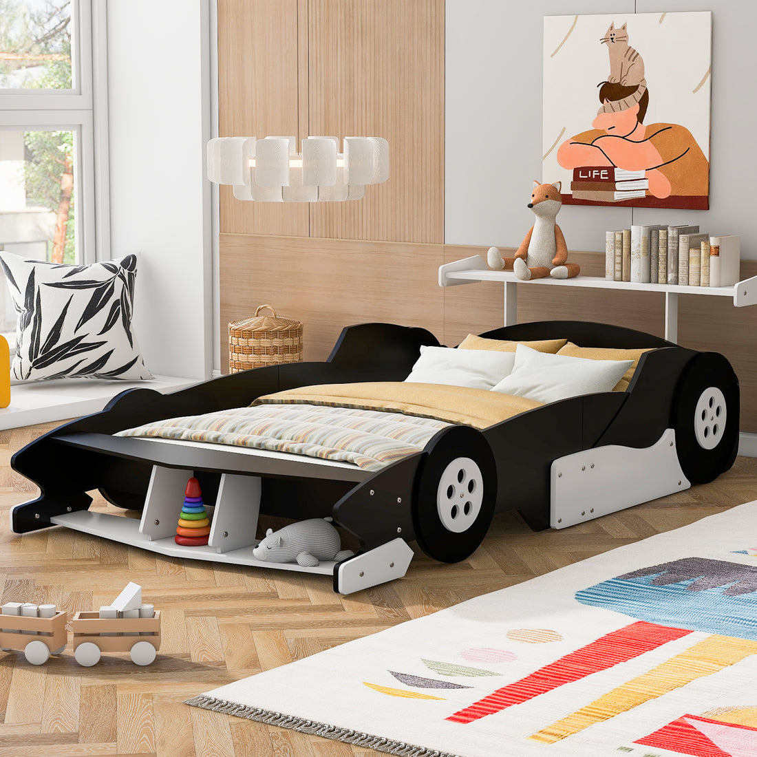 Full Size Race Car Shaped Platform Bed With Wheels,Black Black Plywood