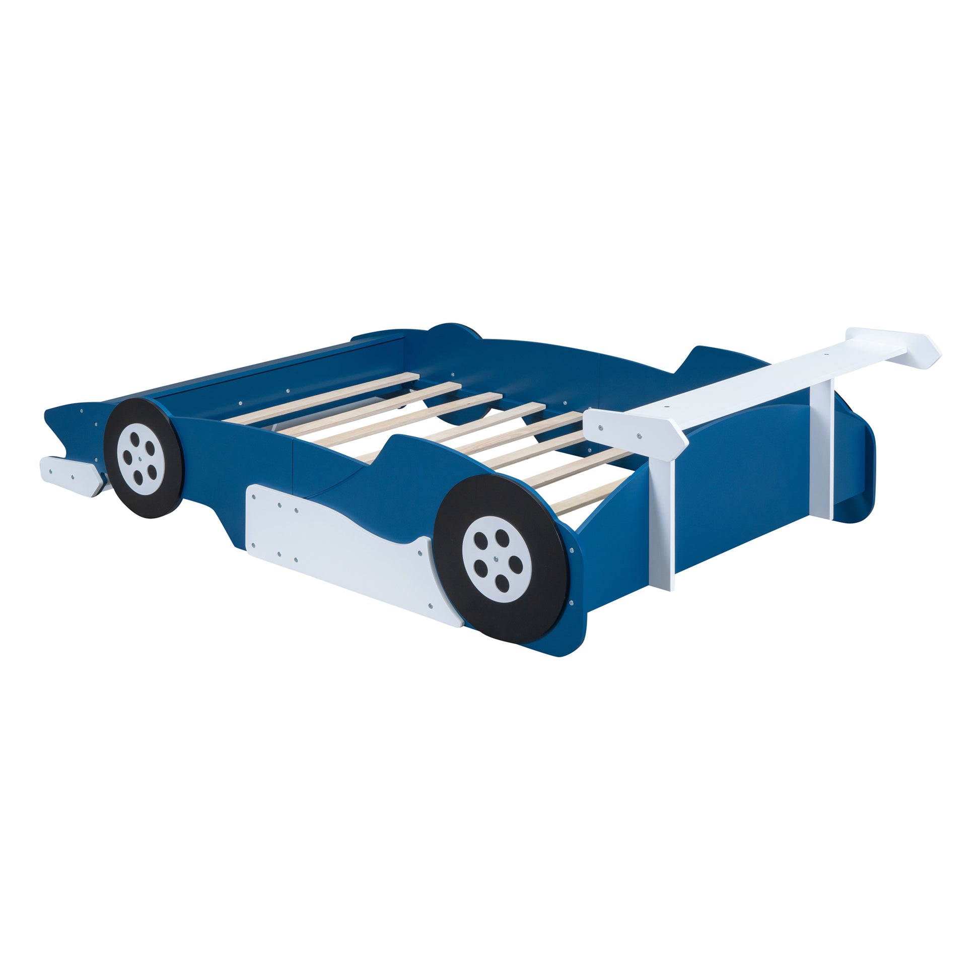 Full Size Race Car Shaped Platform Bed With Wheels,Blue Blue Plywood