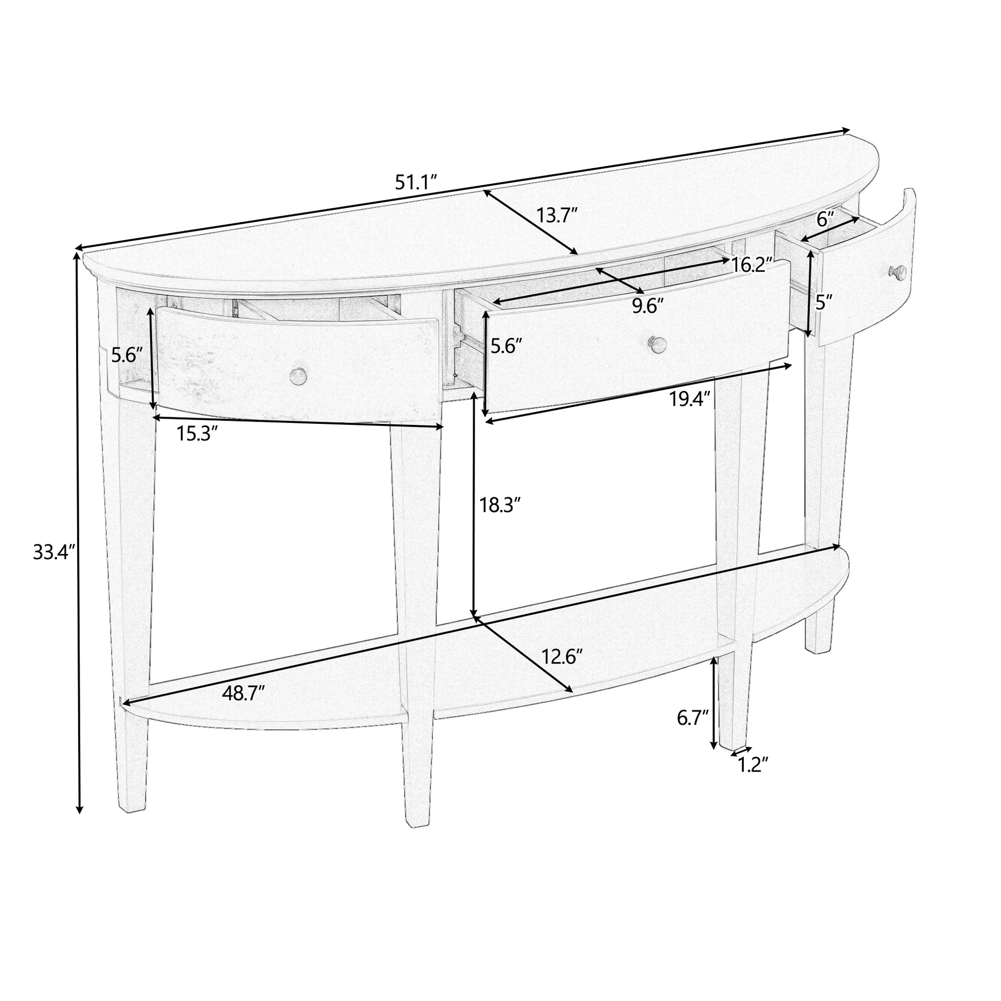 Modern Curved Console Table Sofa Table With 3 Drawers And 1 Shelf For Hallway, Entryway, Living Room Espresso Solid Wood Mdf