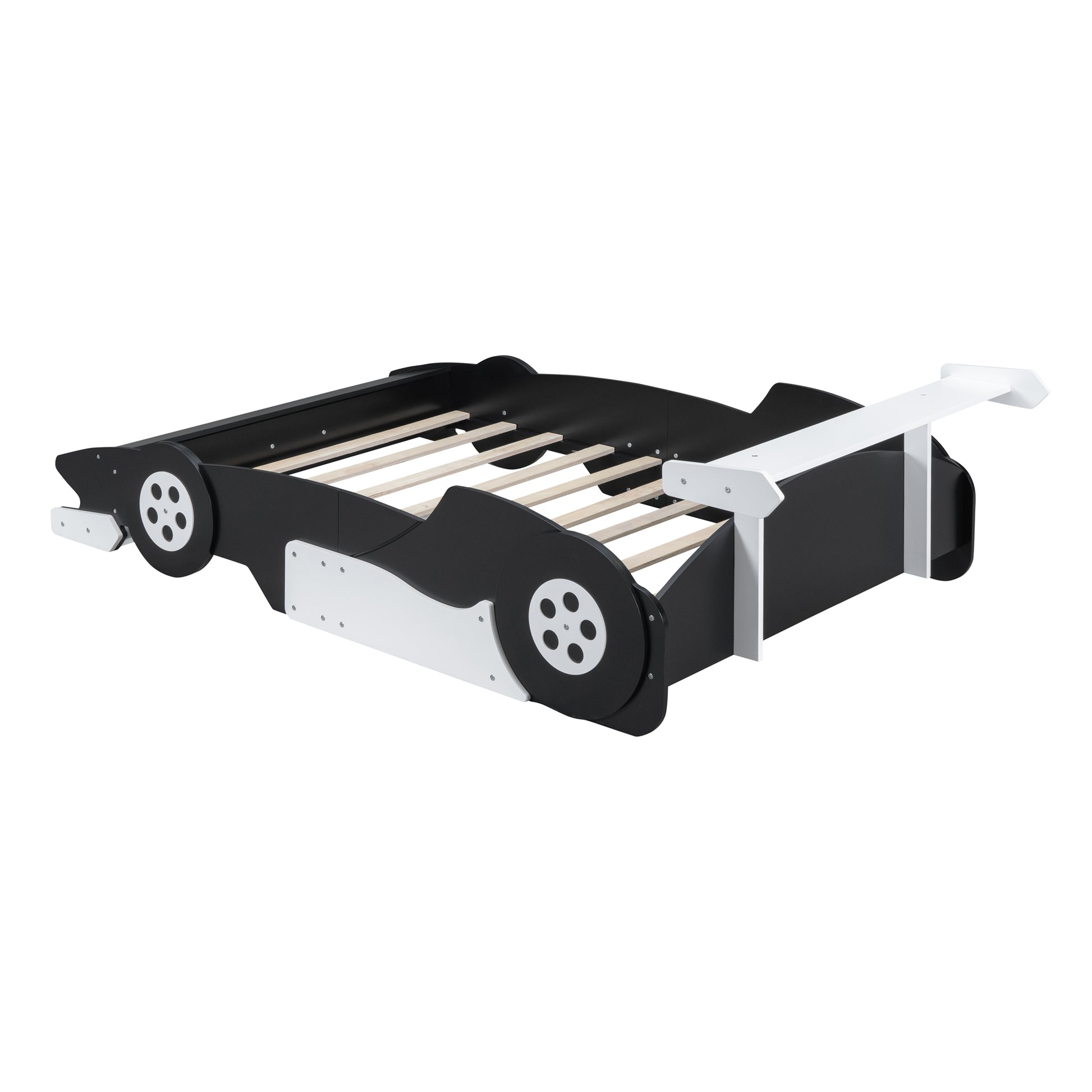 Full Size Race Car Shaped Platform Bed With Wheels,Black Black Plywood