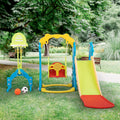 5 In 1 Slide And Swing Playing Set, Toddler Extra Long Slide With 2 Basketball Hoops, Football, Ringtoss, Indoor Outdoor Blue Yellow Hdpe