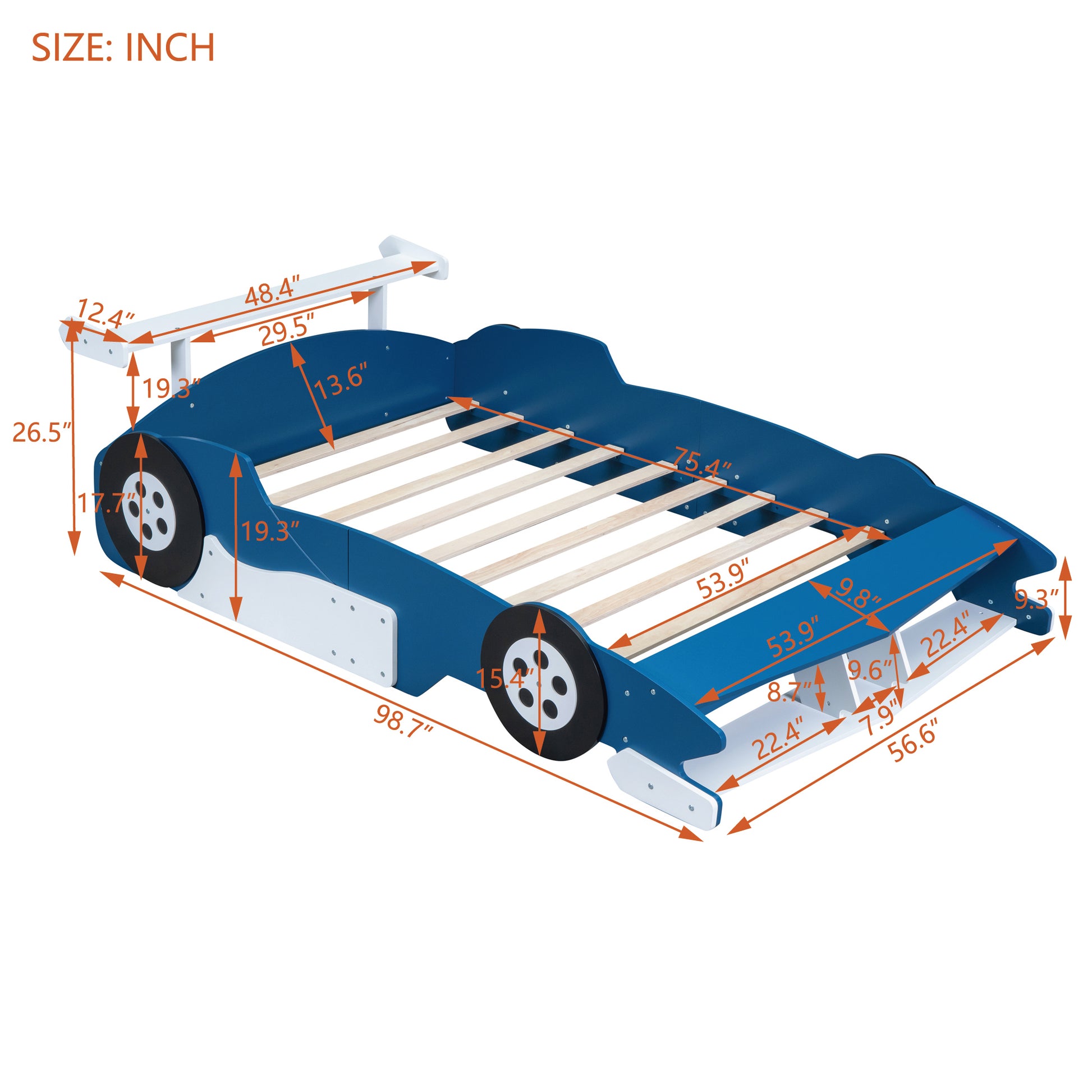 Full Size Race Car Shaped Platform Bed With Wheels,Blue Blue Plywood