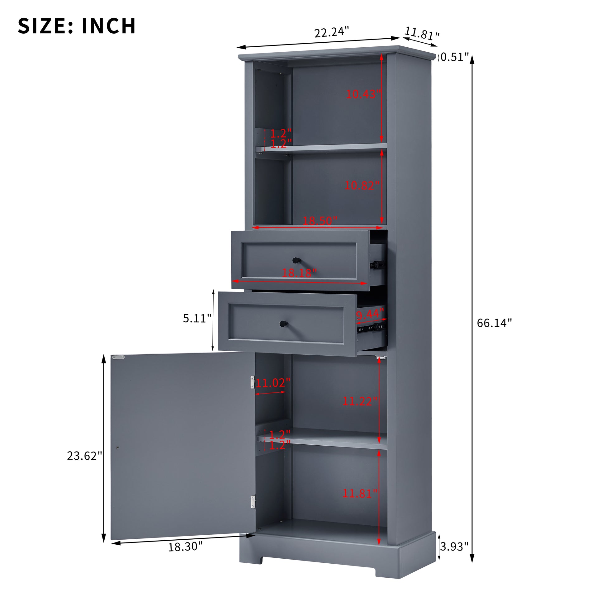 Bathroom Storage Cabinet, Tall Storage Cabinet With Two Drawers, Open Storage, Adjustable Shelf, Grey Grey Mdf