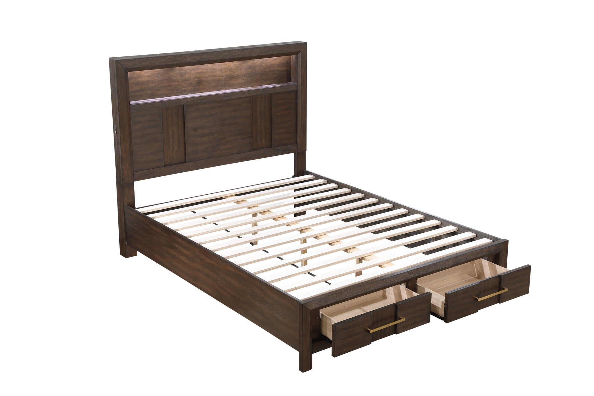 Kenzo Modern Style King 4Pc Storage Bedroom Set Made With Wood, Led Headboard, Bluetooth Speakers & Usb Ports Walnut Box Spring Not Required King Walnut Wood 4 Piece Set Bedroom Bed Included,Dresser Included,Mirror Included,Nightstand Included