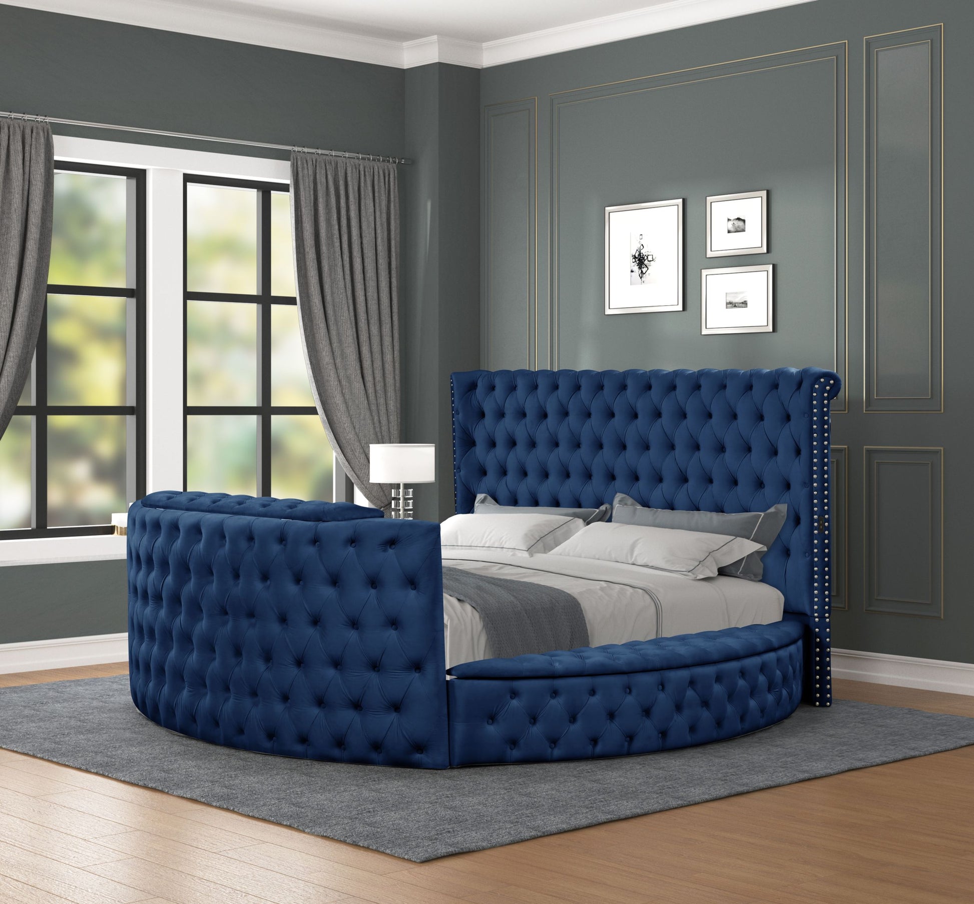 Maya Modern Style Crystal Tufted Queen Bed Made With Wood In Blue Box Spring Not Required Queen Blue Wood Bedroom Modern Slat Beds Upholstered Wood