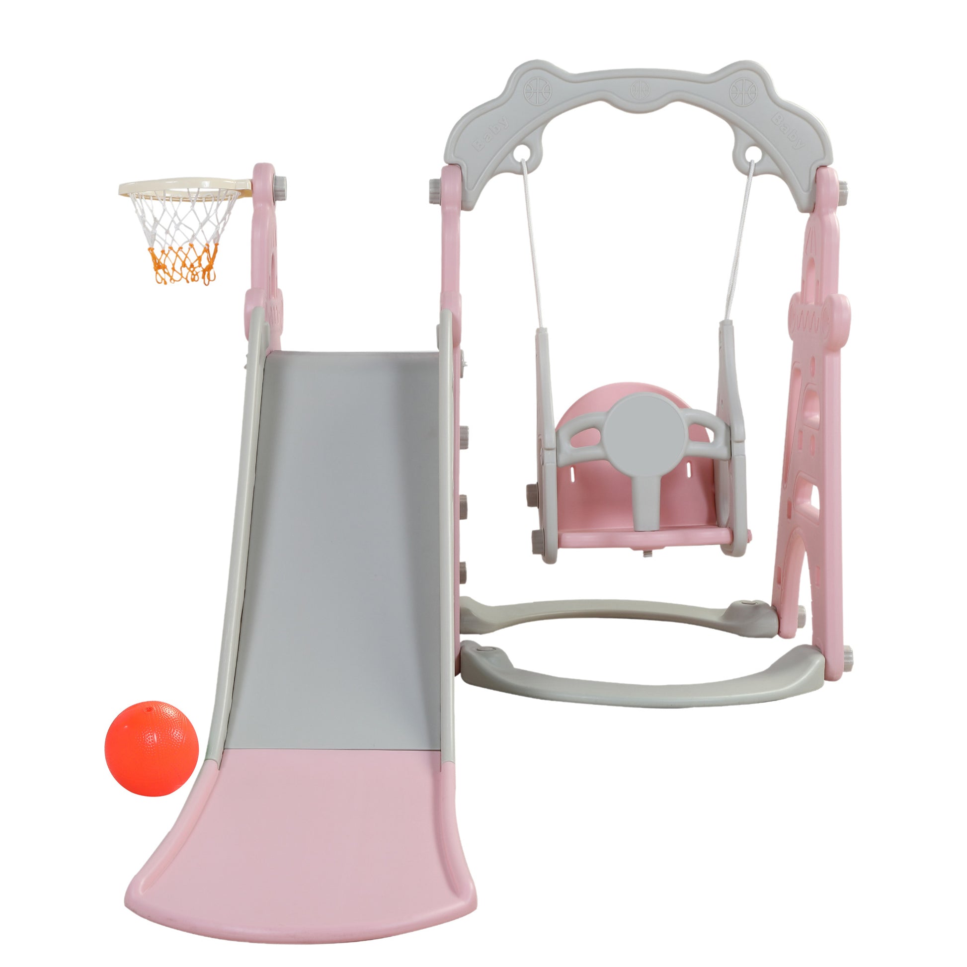 Kids Swing And Slide Set 3 In 1 Slide With Basketball Hoop For Indoor And Outdoor Activity Center, Pink Gray Pink Grey Hdpe