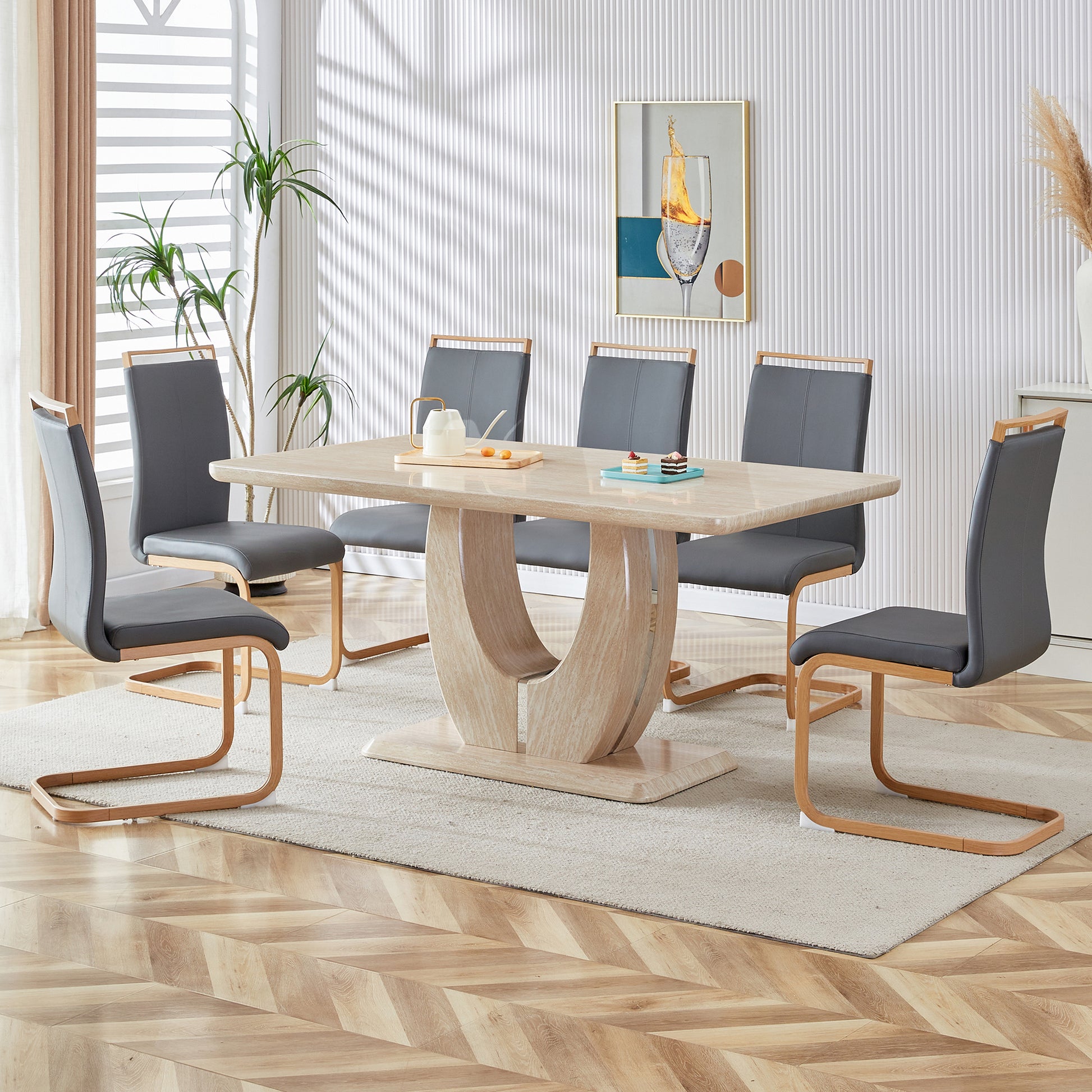 Modern Minimalist Luxury Mdf Rectangular Dining Table With Light Yellow Textured Stickers On The Table. Suitable For Restaurants, Living Rooms, Kitchens, And Study Rooms.F 1280 "63* "37* "30 Light Yellow Mdf