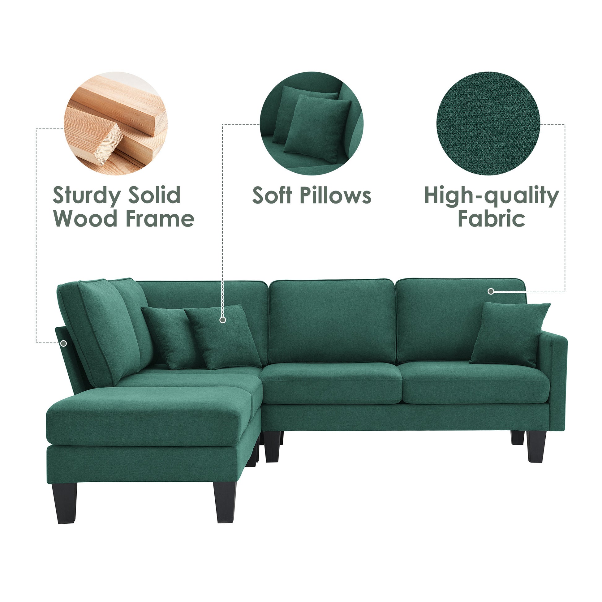 90*88" Terrycloth Modern Sectional Sofa,5 Seat Practical Couch Set With Chaise Lounge,L Shape Minimalist Indoor Furniture With 3 Pillows For Living Room,Apartment,Office, 3 Colors Green Fabric