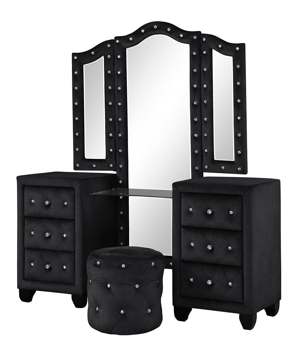 Maya Crystal Tufted Queen 5 Pc Vanity Bedroom Set Made With Wood In Black Box Spring Not Required Queen Black Wood 5 Piece Set Bedroom Modern Upholstered Velvet Tufted Wood
