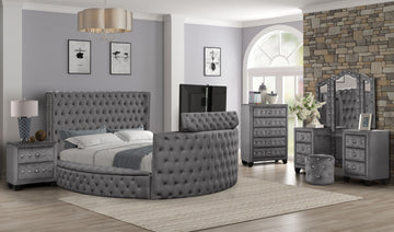 Maya Crystal Tufted King 5 Pc Vanity Bedroom Set Made With Wood In Gray Box Spring Not Required King Gray Wood 5 Piece Set Bedroom Contemporary,Modern Upholstered Velvet Tufted Wood