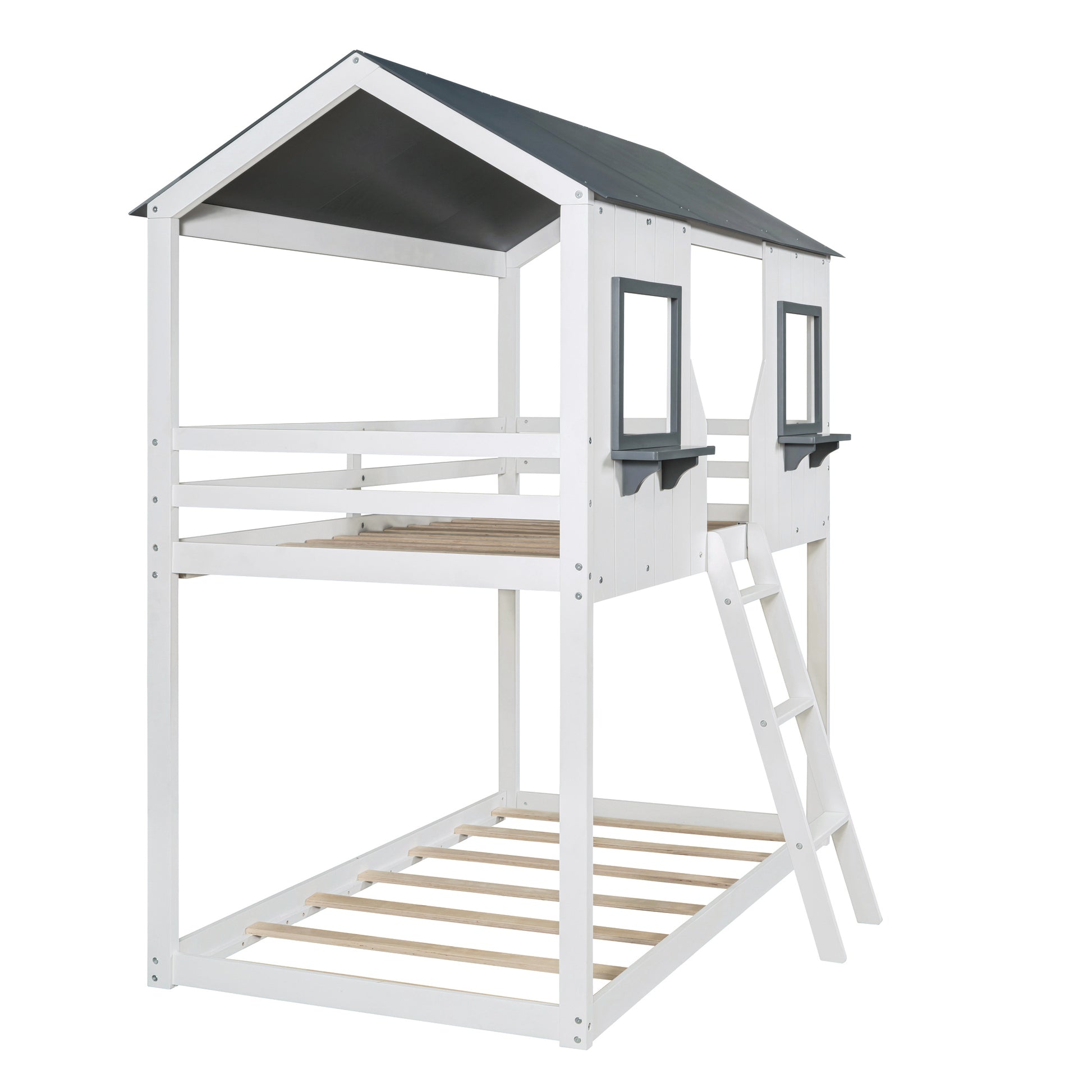 Twin Over Twin Bunk Bed Wood Bed With Roof, Window, Guardrail, Ladder White Old Sku :Lt000045Aak White Solid Wood