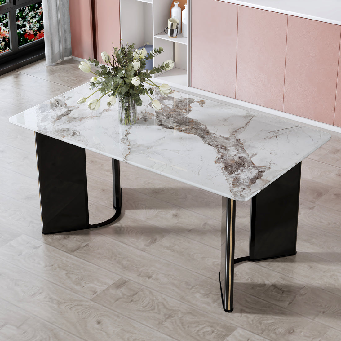 Modern Minimalist Rectangular Dining Table, White Imitation Marble Tabletop, Mdf Table Legs With Gold Metal Decorative Strips. Suitable For Restaurant And Living Roomf Hh White Mdf Glass