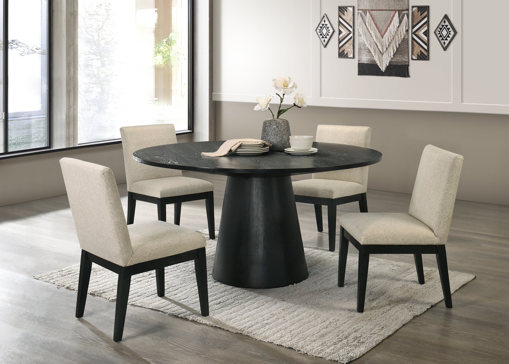 Froja Round Dining Table, Black Finish Dn01802 Black Wood