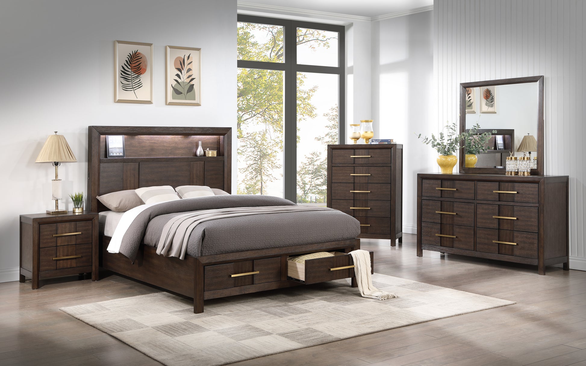 Kenzo Modern Style King Bed Made With Wood & Led Headboard With Bookshelf In Walnut Box Spring Not Required King Walnut Wood Bedroom Contemporary,Modern Slat Beds Solid Wood Mdf Wood