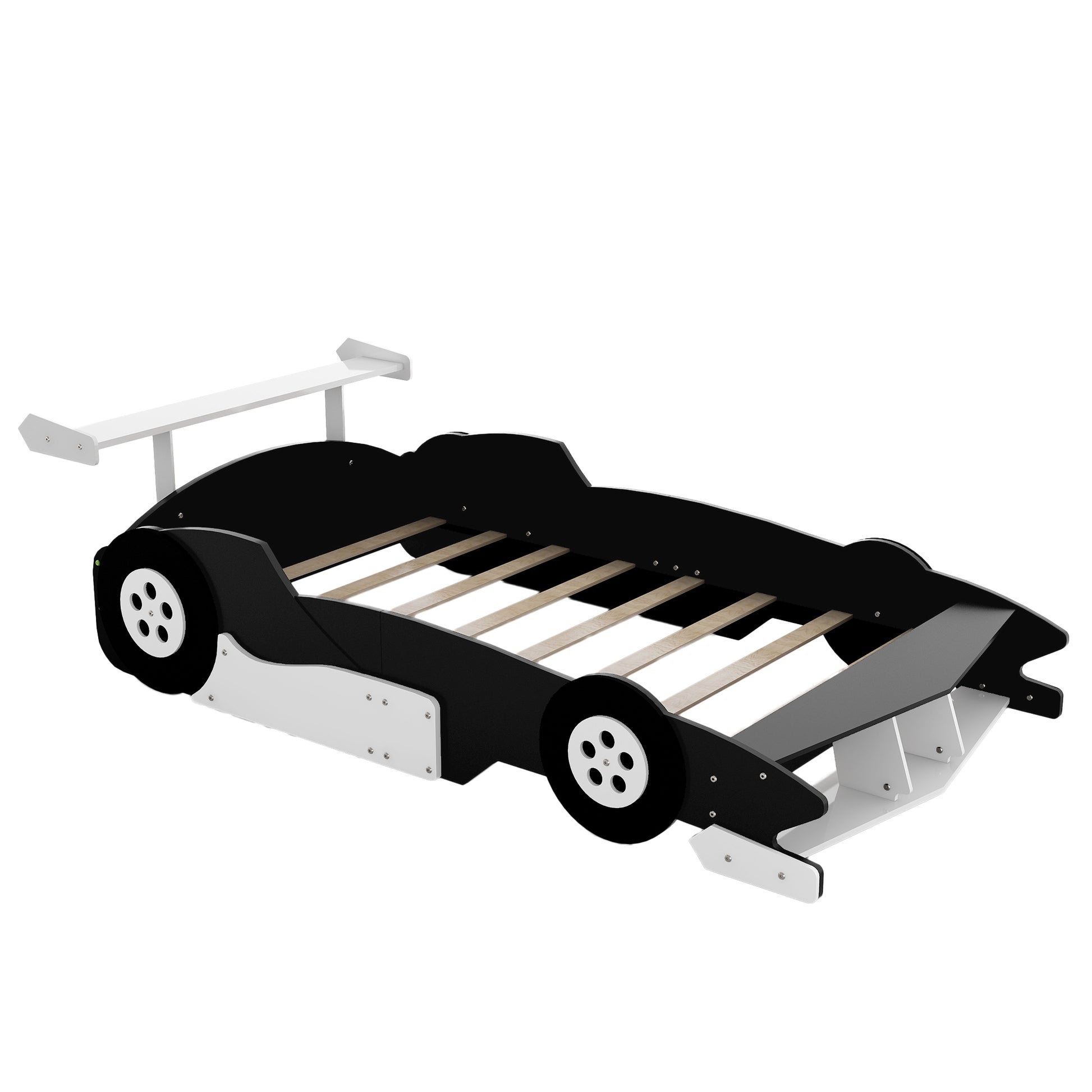 Full Size Race Car Shaped Platform Bed With Wheels,Black Black Plywood