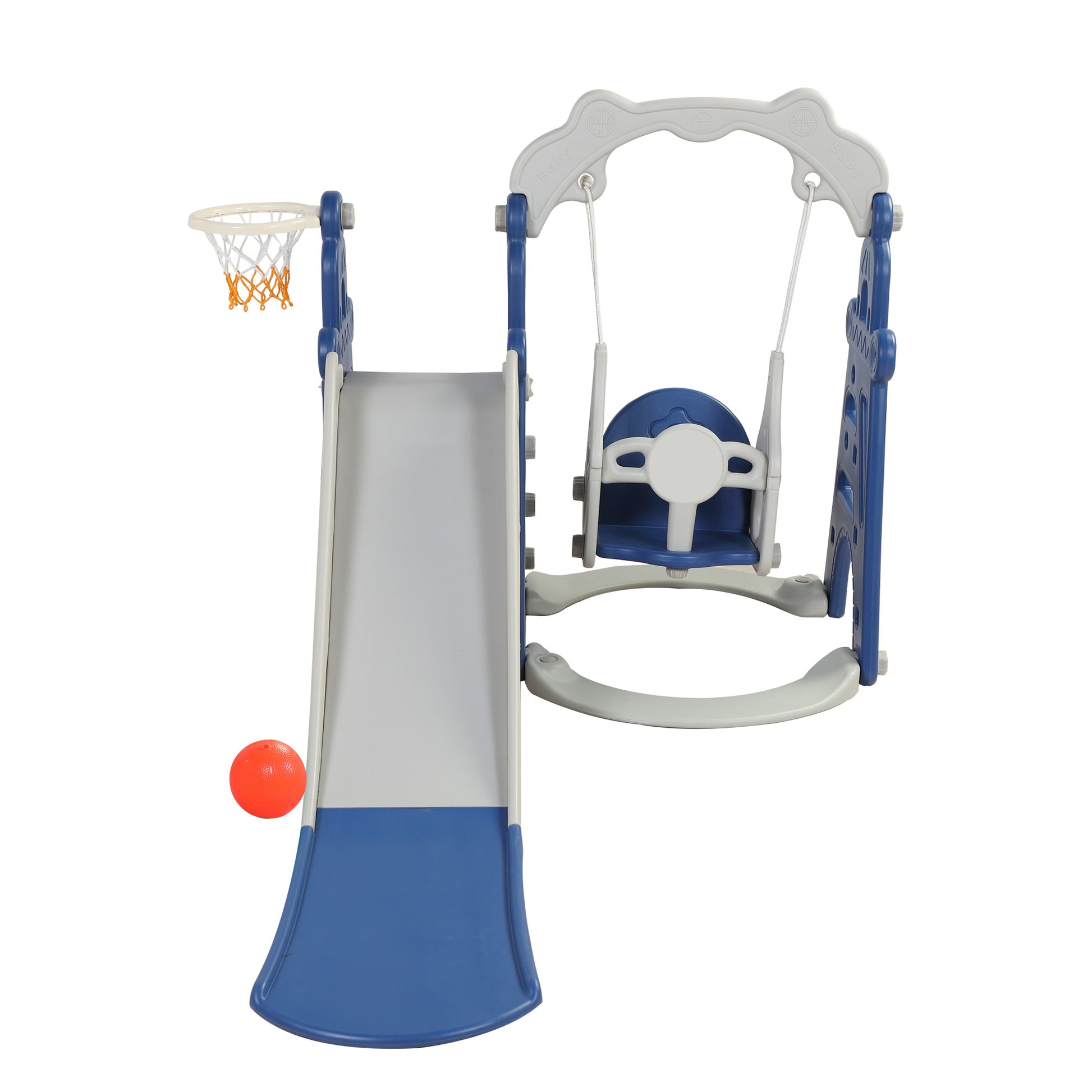 Kids Swing And Slide Set 3 In 1 Slide With Basketball Hoop For Indoor And Outdoor Activity Center,Blue Gray Blue Gray Hdpe