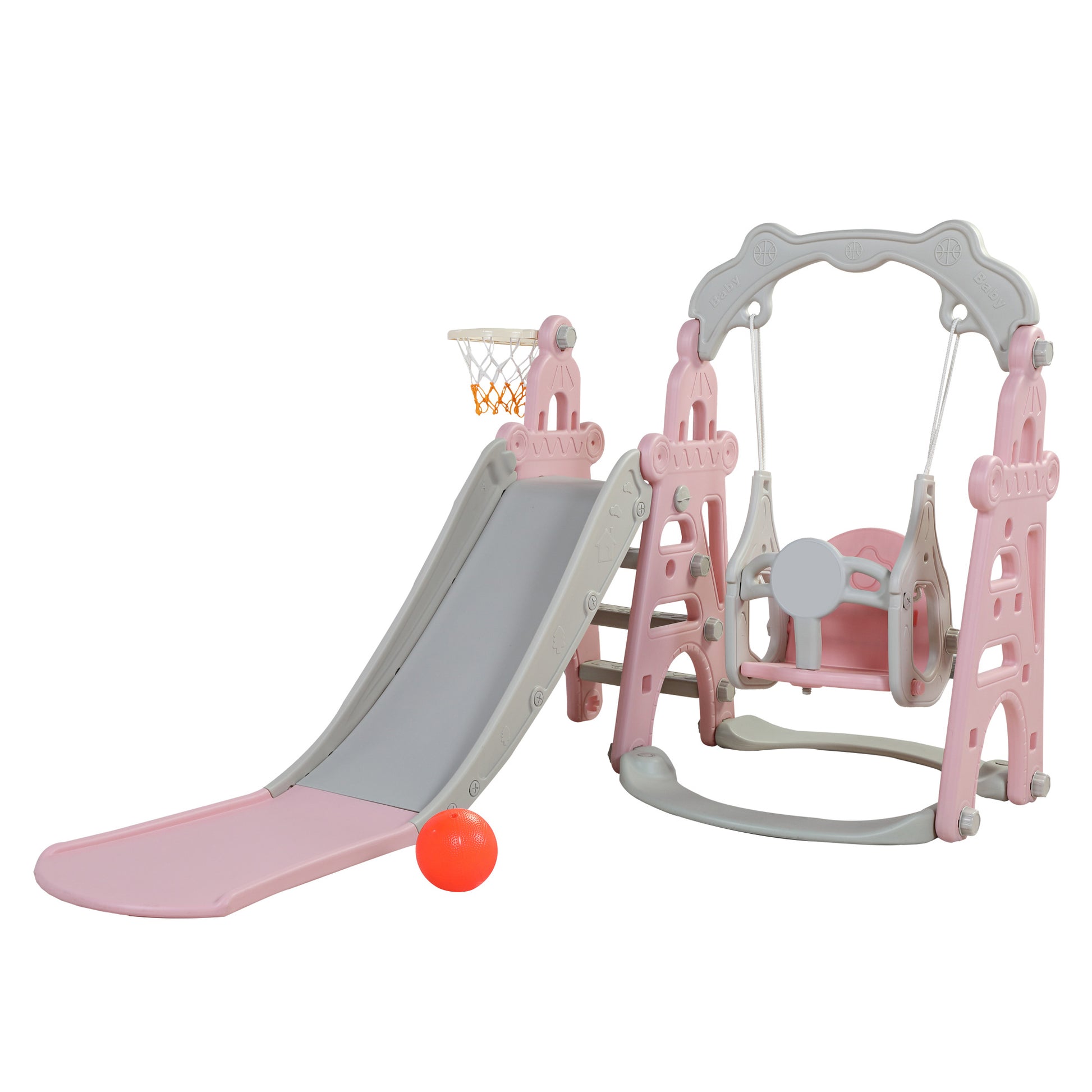 Kids Swing And Slide Set 3 In 1 Slide With Basketball Hoop For Indoor And Outdoor Activity Center, Pink Gray Pink Grey Hdpe