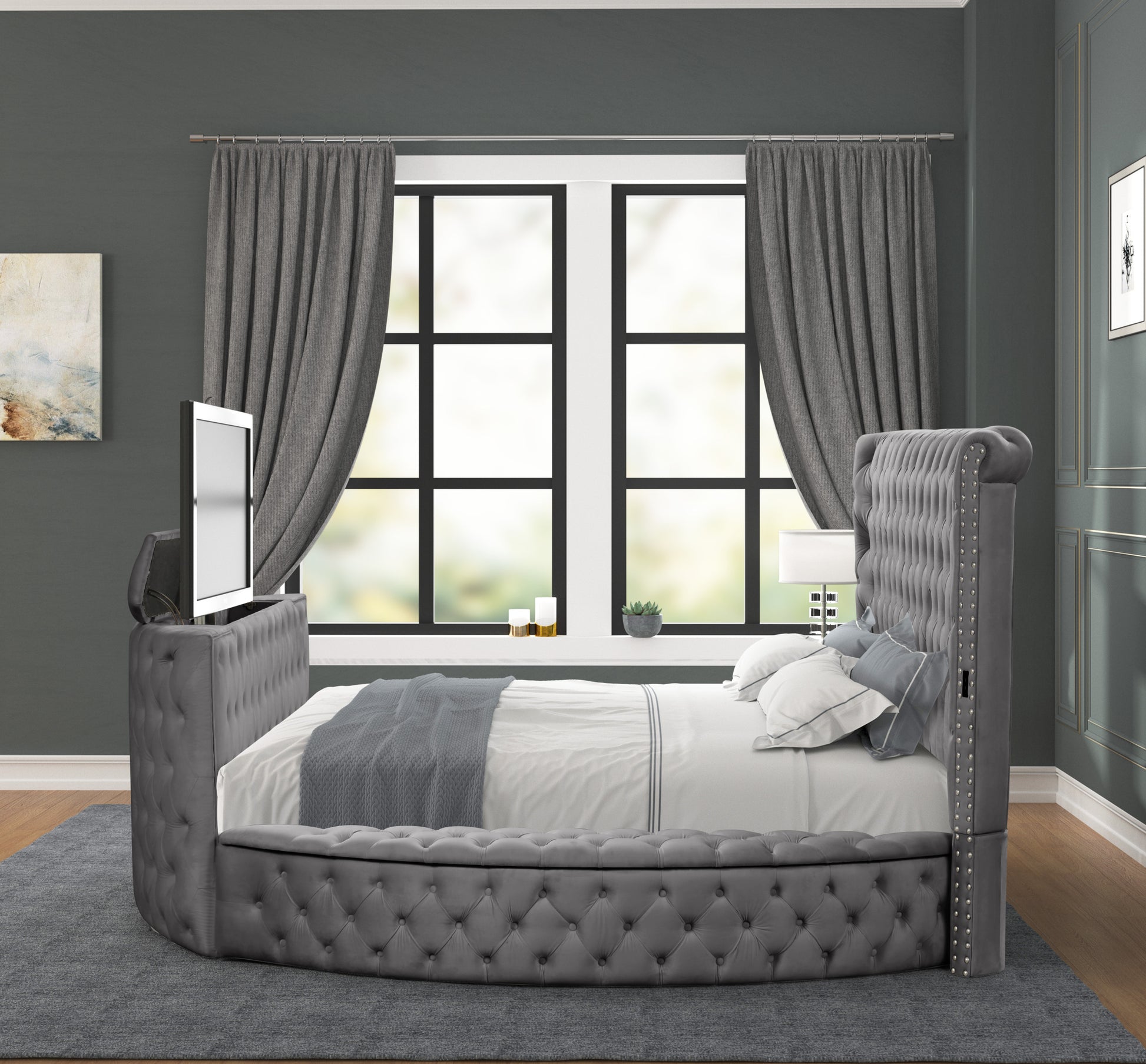 Maya Modern Style Crystal Tufted King 4Pc Bed Room Set Made With Wood In Gray Box Spring Not Required King Gray Wood 4 Piece Set Bedroom Bed Included,Dresser Included,Mirror Included,Nightstand Included Contemporary,Modern Upholstered Velvet Tufted Wood