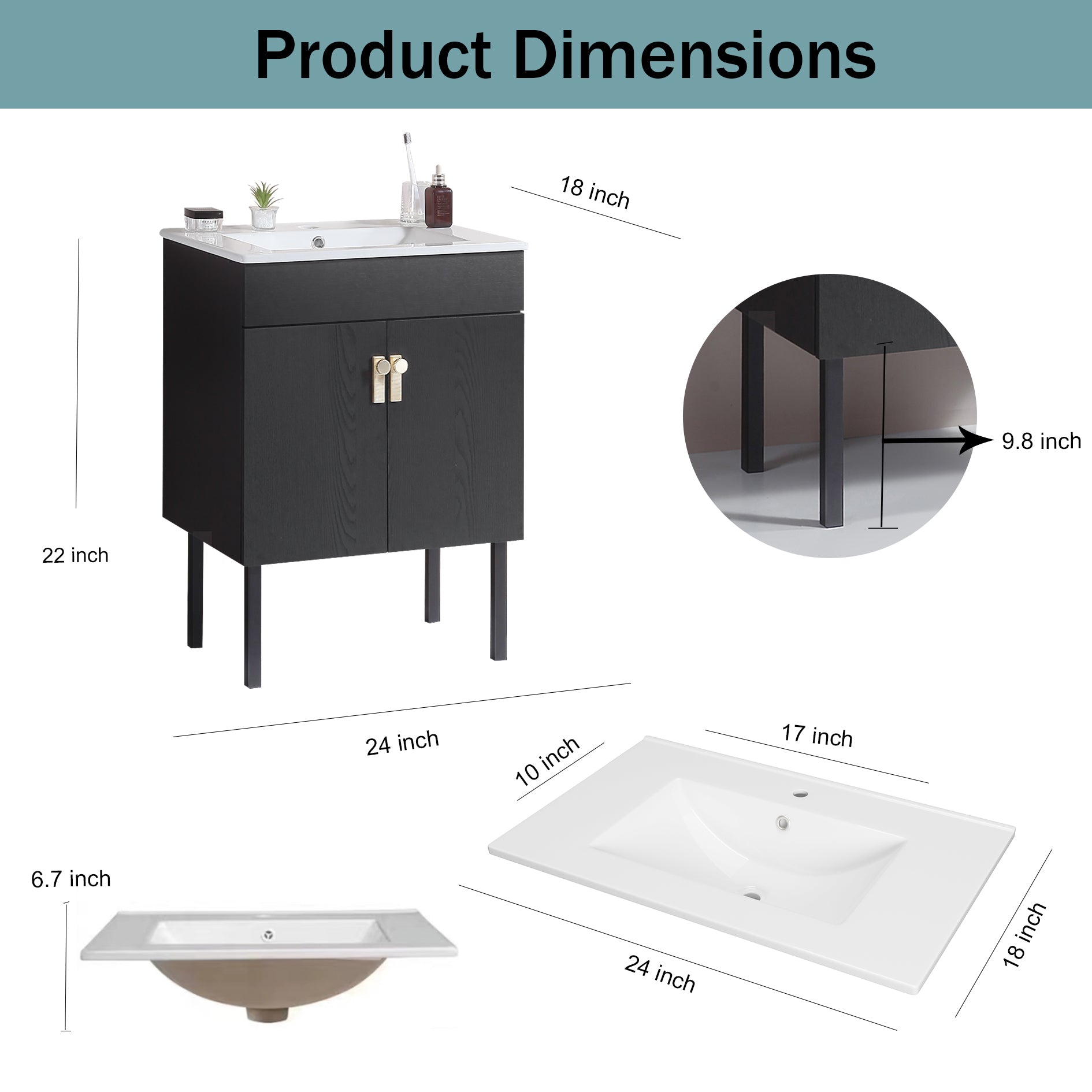 24" Bathroom Vanity With Metal Leg,With White Ceramic Basin,Two Soft Close Cabinet Doors, Solid Wood,Excluding Faucets,Black Black Solid Wood