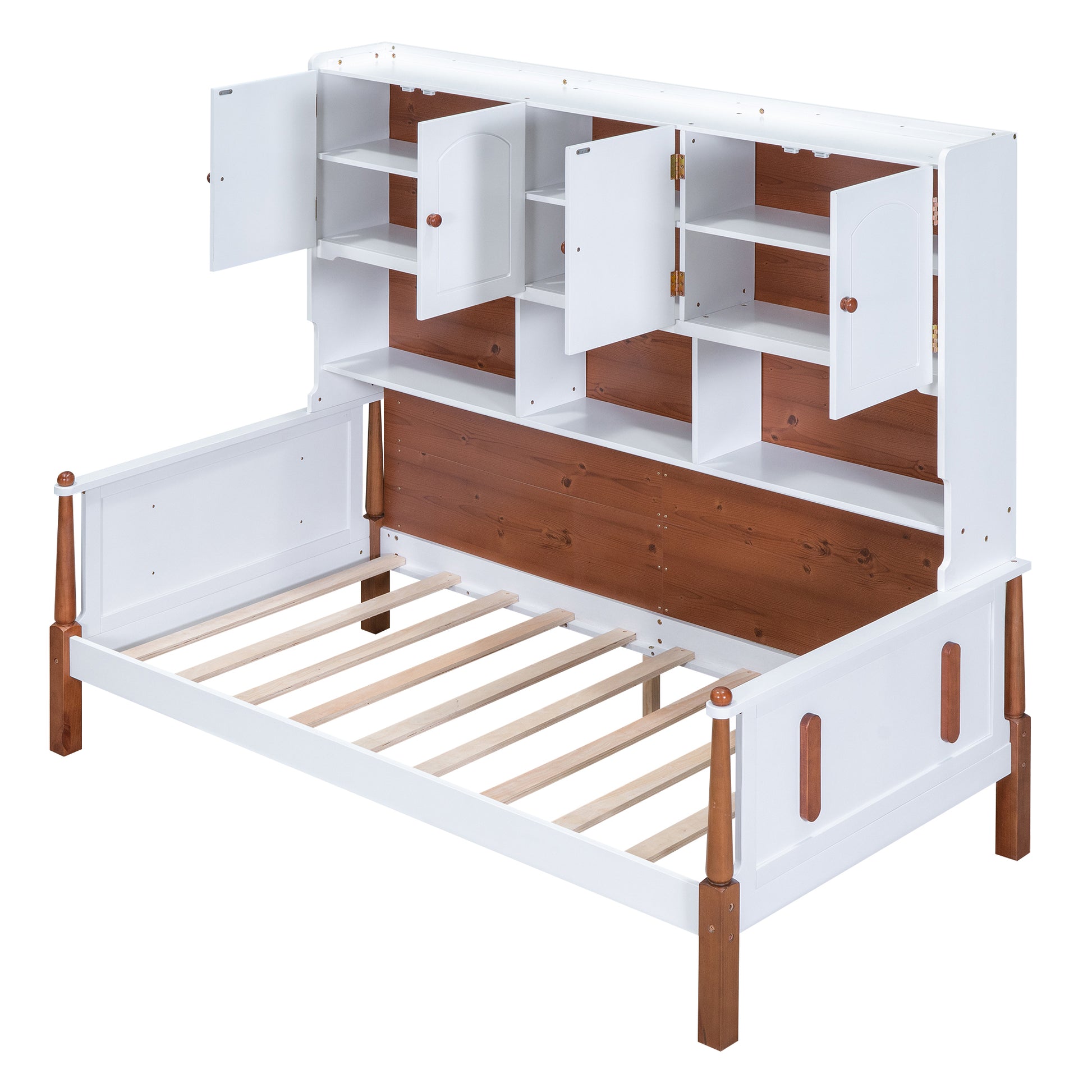 Twin Size Platform Bed With Multiple Storage, White Walnut Box Spring Not Required Twin White Walnut Wood Bedroom Solid Wood Mdf