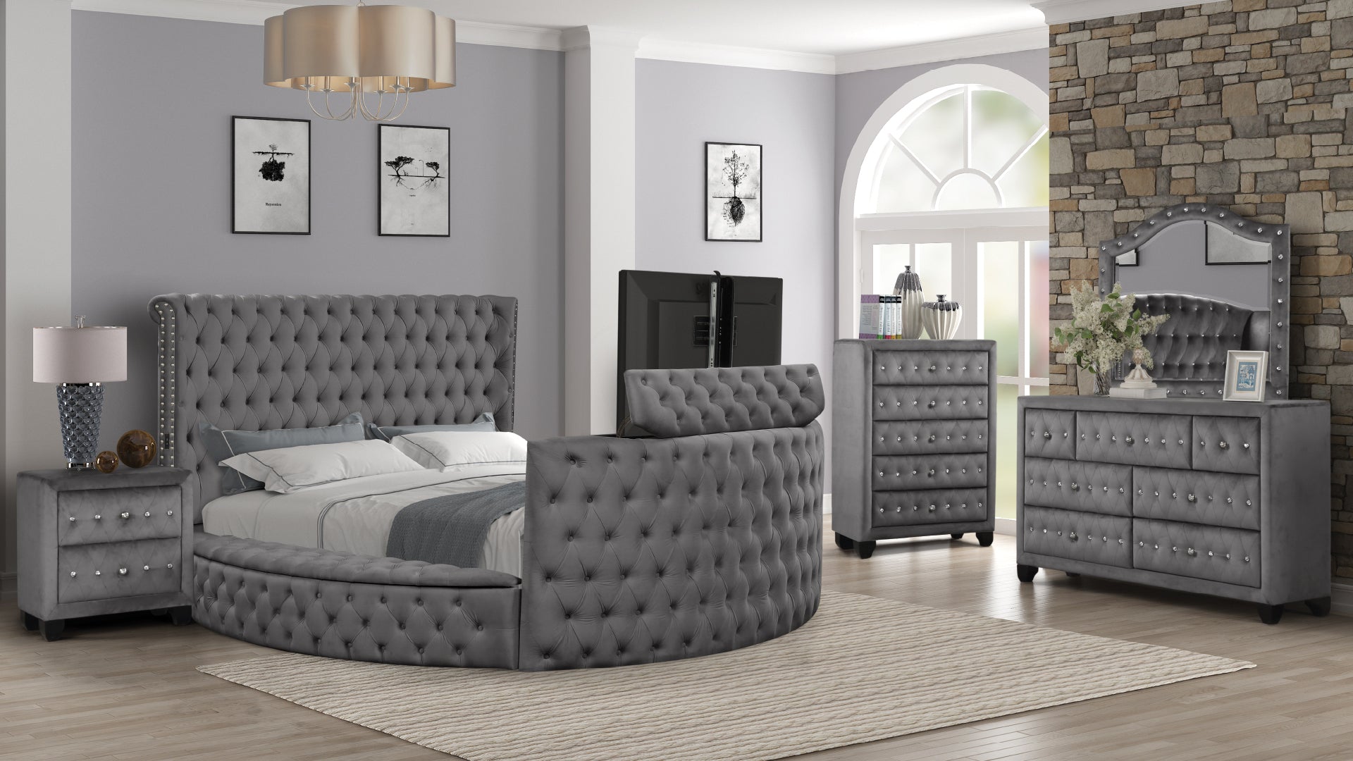 Maya Modern Style Crystal Tufted Queen 5Pc Bed Room Set Made With Wood In Gray Box Spring Not Required Queen Gray Wood 5 Piece Set Bedroom Bed Included,Chest Included,Dresser Included,Mirror Included,Nightstand Included Contemporary,Modern Upholstered