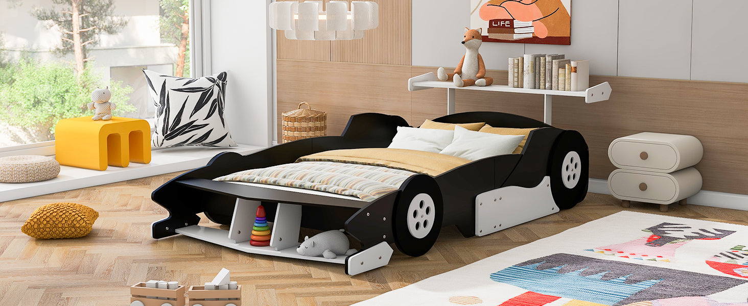 Full Size Race Car Shaped Platform Bed With Wheels,Black Black Plywood