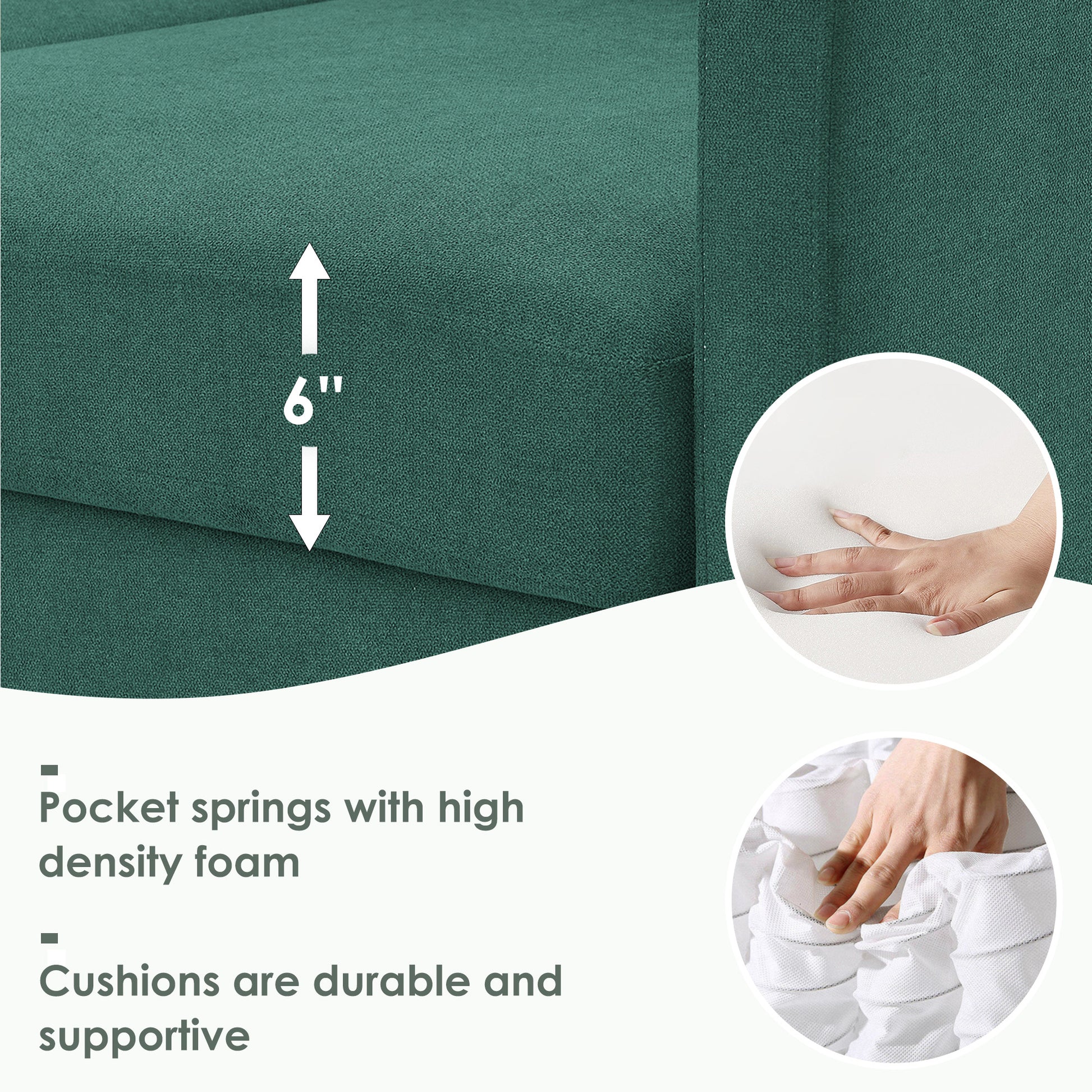 90*88" Terrycloth Modern Sectional Sofa,5 Seat Practical Couch Set With Chaise Lounge,L Shape Minimalist Indoor Furniture With 3 Pillows For Living Room,Apartment,Office, 3 Colors Green Fabric