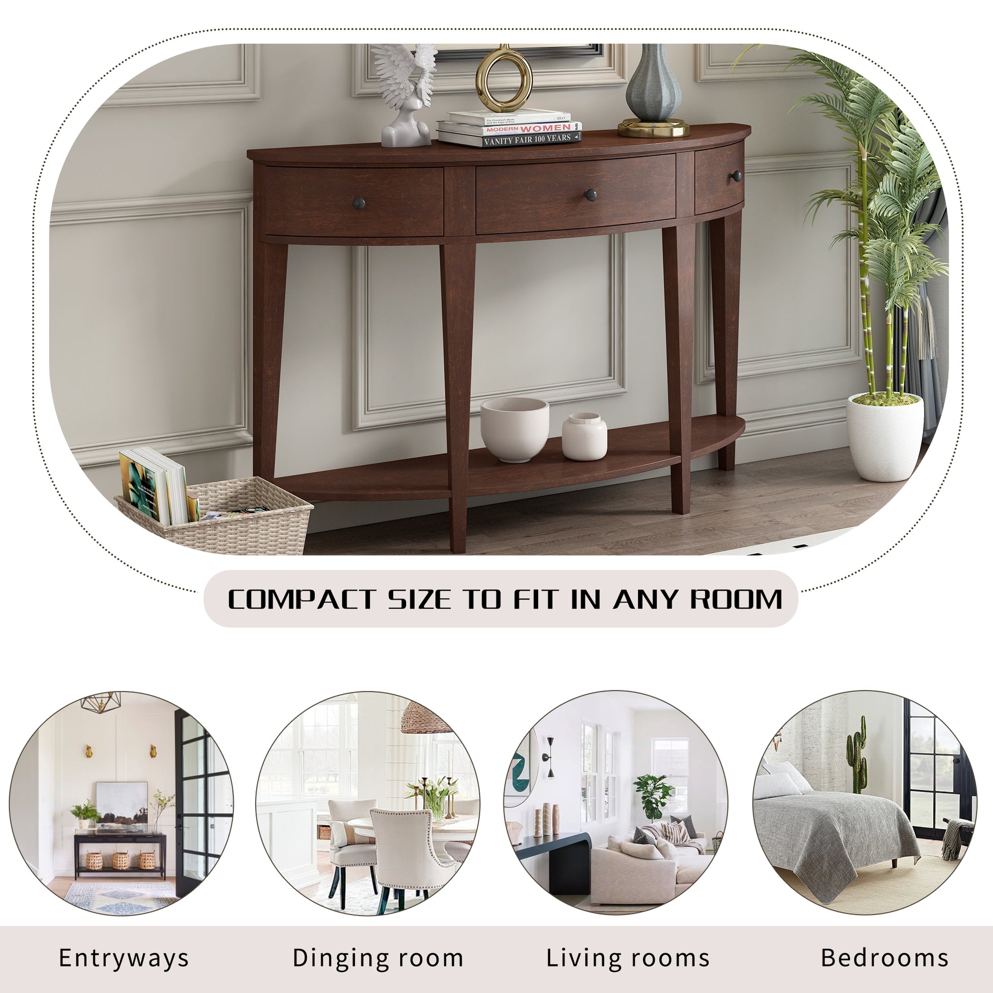 Modern Curved Console Table Sofa Table With 3 Drawers And 1 Shelf For Hallway, Entryway, Living Room Espresso Solid Wood Mdf