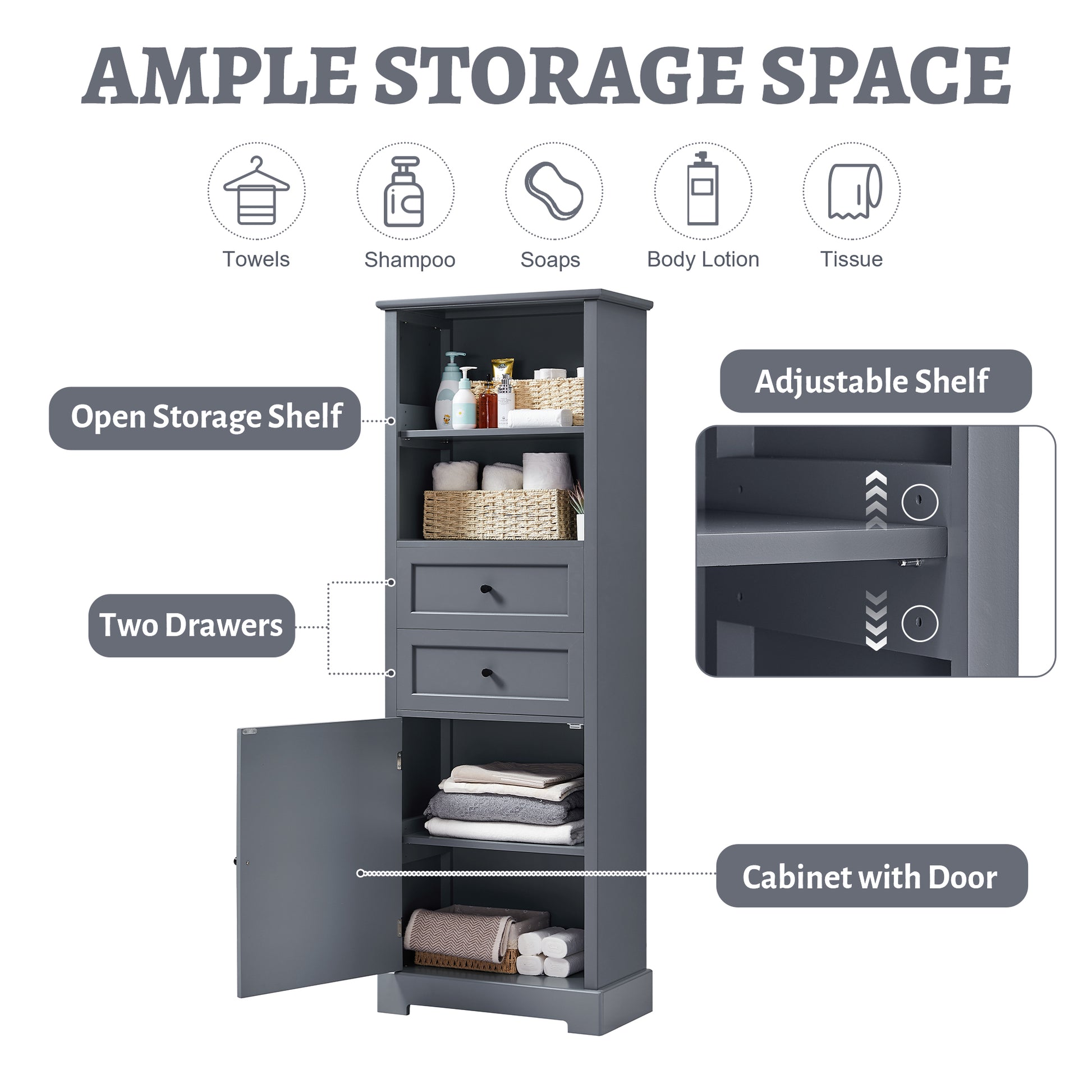 Bathroom Storage Cabinet, Tall Storage Cabinet With Two Drawers, Open Storage, Adjustable Shelf, Grey Grey Mdf