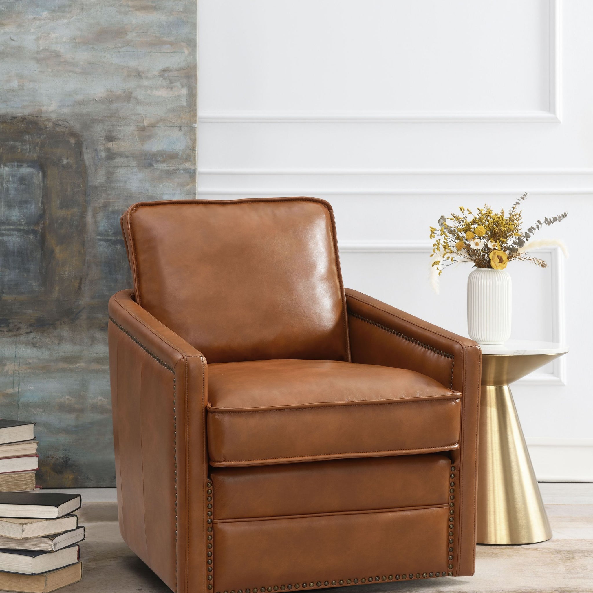 Rocha Accent Chair W Swivel, Brown Leather Aire Ac01886 Brown Leather